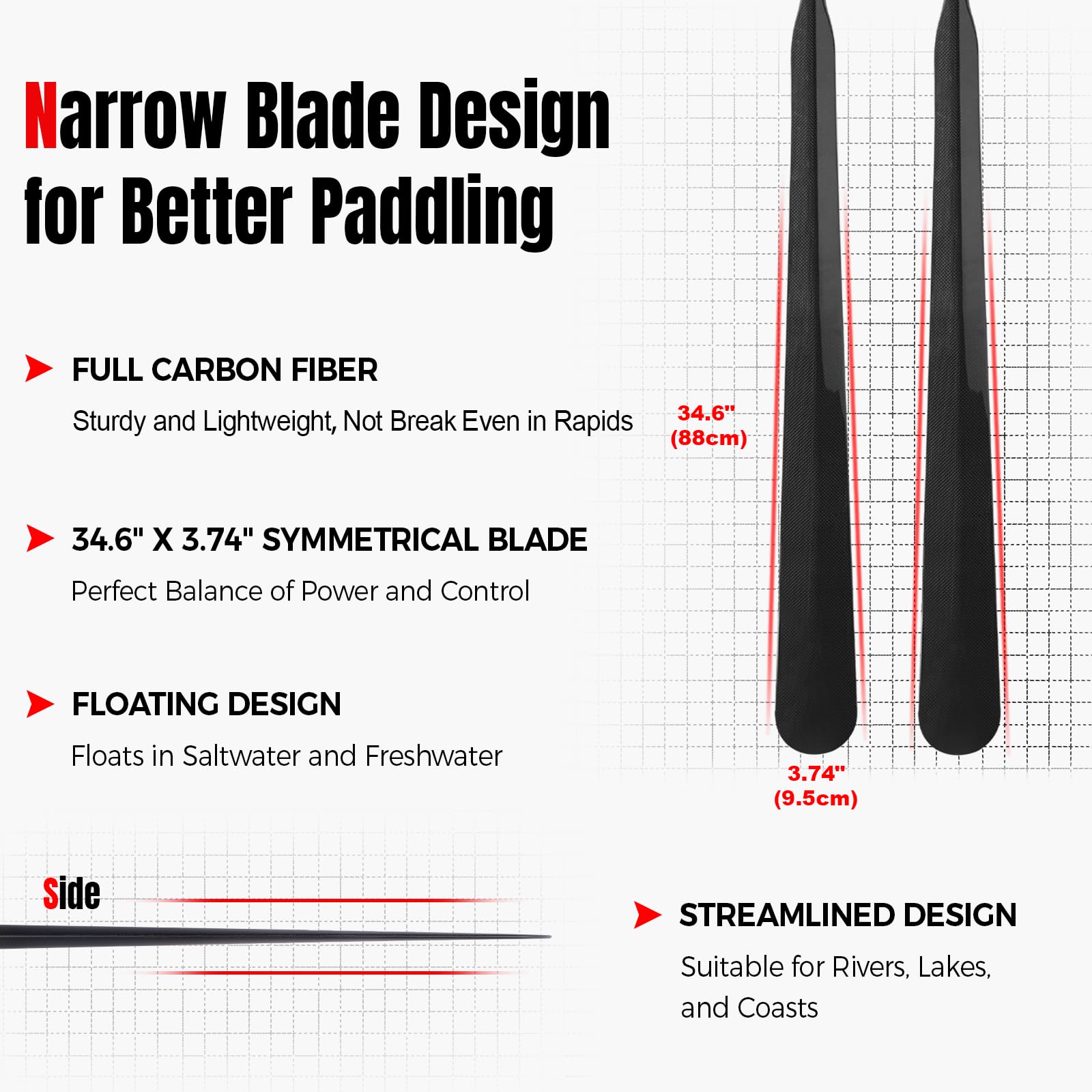 Premium Lightweight Full Carbon Fiber Greenland Kayak Paddle - 2-Piece Design (220cm/86