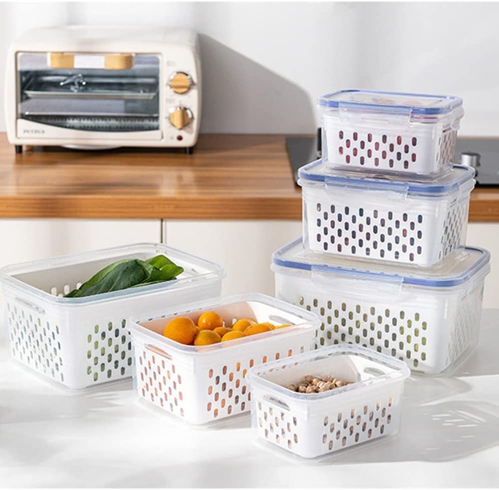 BPA-Free Large Capacity Fruit & Vegetable Storage Containers with Lid & Colander - 850ml (Blue) | 3-in-1 Fridge Organizer for Fresh Produce, Salad & Meat | Perfect for Meal Prep & Healthy Food Storage