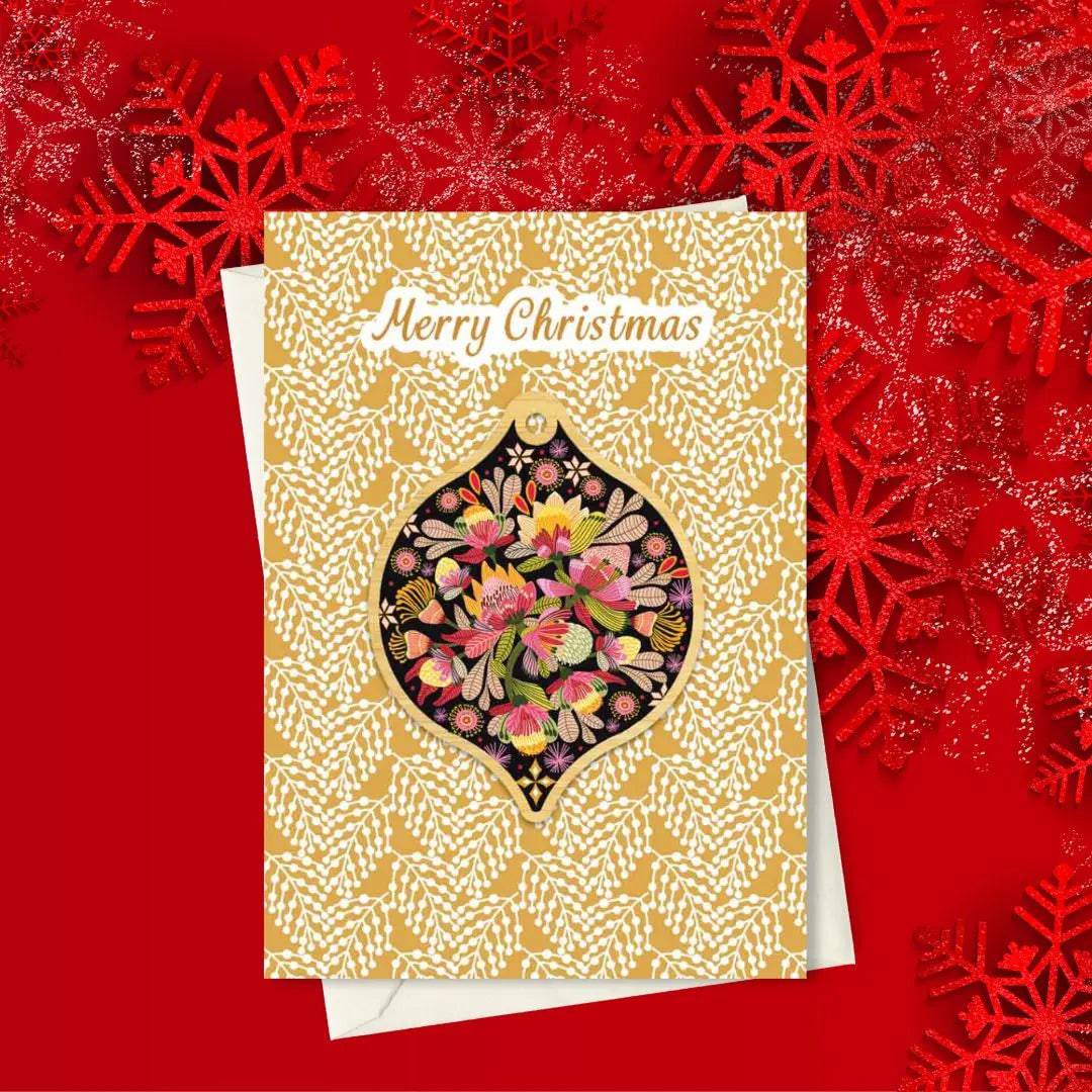 Wild Proteas Christmas Card & Wooden Ornament - Festive Holiday Greeting Card Set with Floral Design for Xmas Tree Decorations & Gift Giving