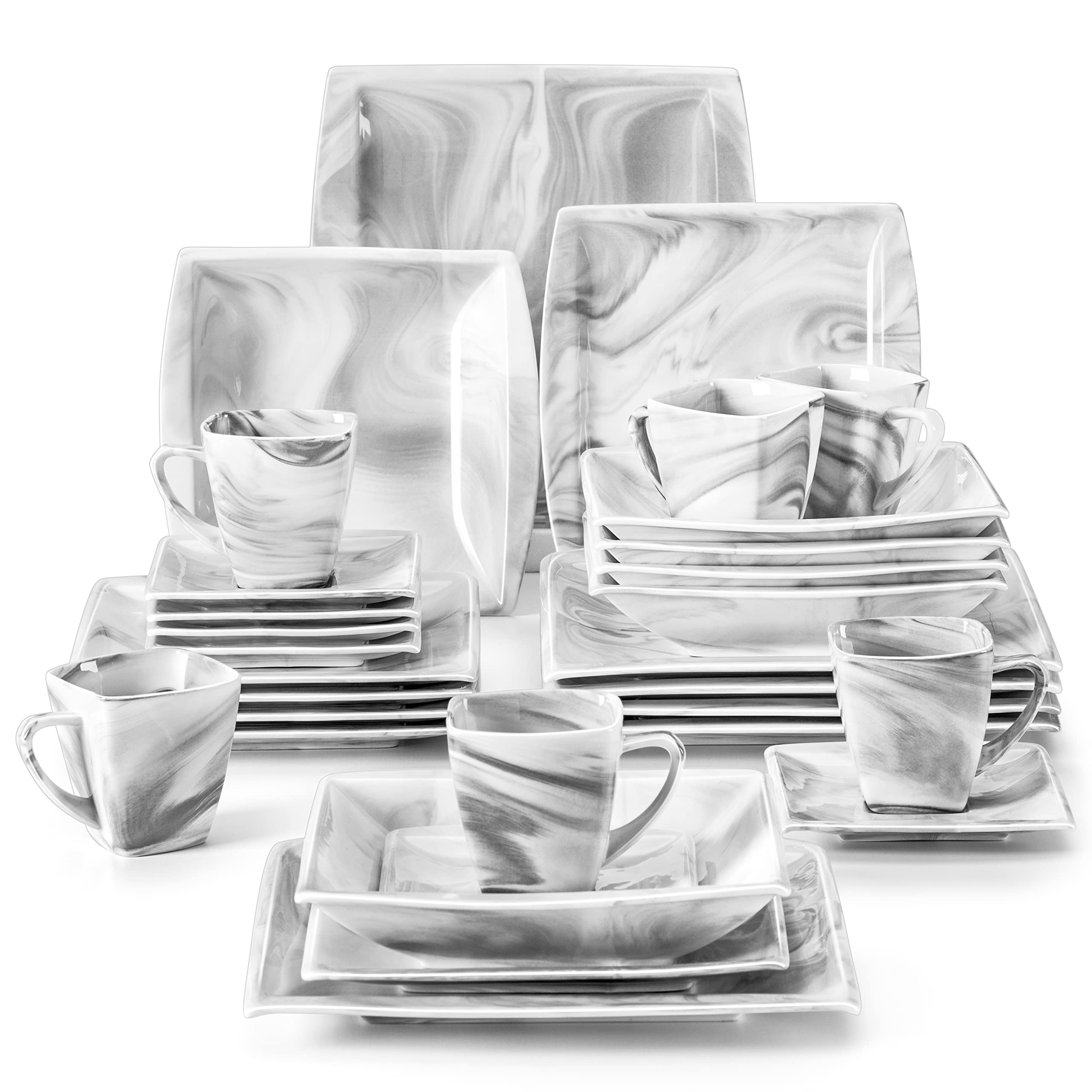 MALACASA 30-Piece Porcelain Dinnerware Set for 6 - Square Plates, Bowls, Cups & Saucers | Modern Microwave Safe Dish Set in Marble Grey (Series Blance) - Perfect for Family Dinners, Entertaining Guests & Everyday Use
