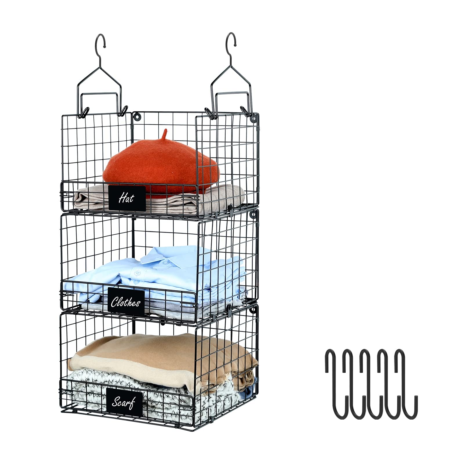 Sonyabecca 3-Tier Foldable Hanging Closet Organizer with Name Plate, 5 S-Hooks & Wall Mount - Space-Saving Storage Baskets for Clothes, Sweaters, Shoes, Handbags - Perfect for Bedroom, Closet & Dorm Organization