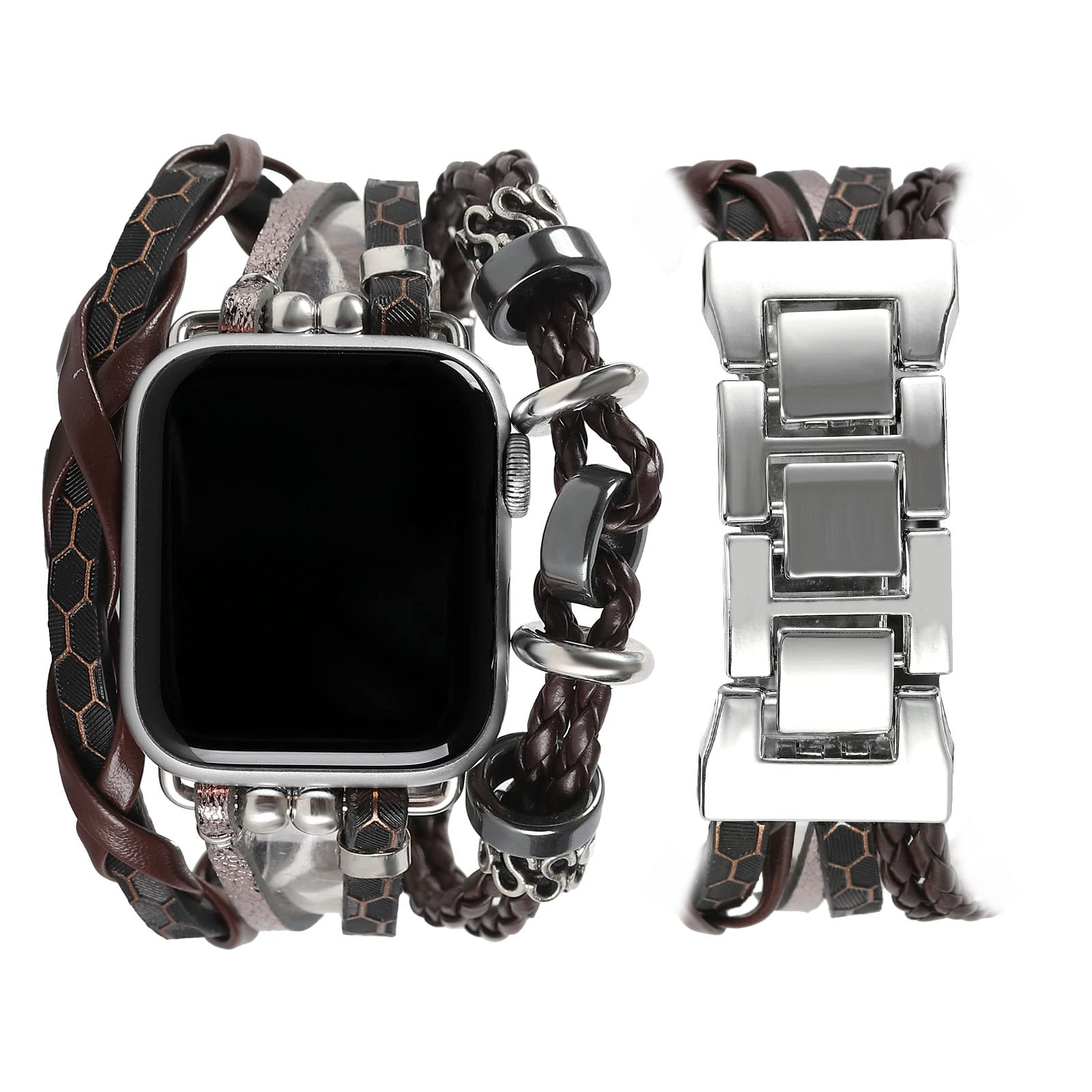Premium Genuine Leather Apple Watch Bands 38mm 40mm 41mm for Men & Women - Boho Chic Bracelet Strap Compatible with iWatch Series SE/7/6/5/4/3/2/1 | Perfect for Workouts, Office Wear & Casual Fashion Accessories