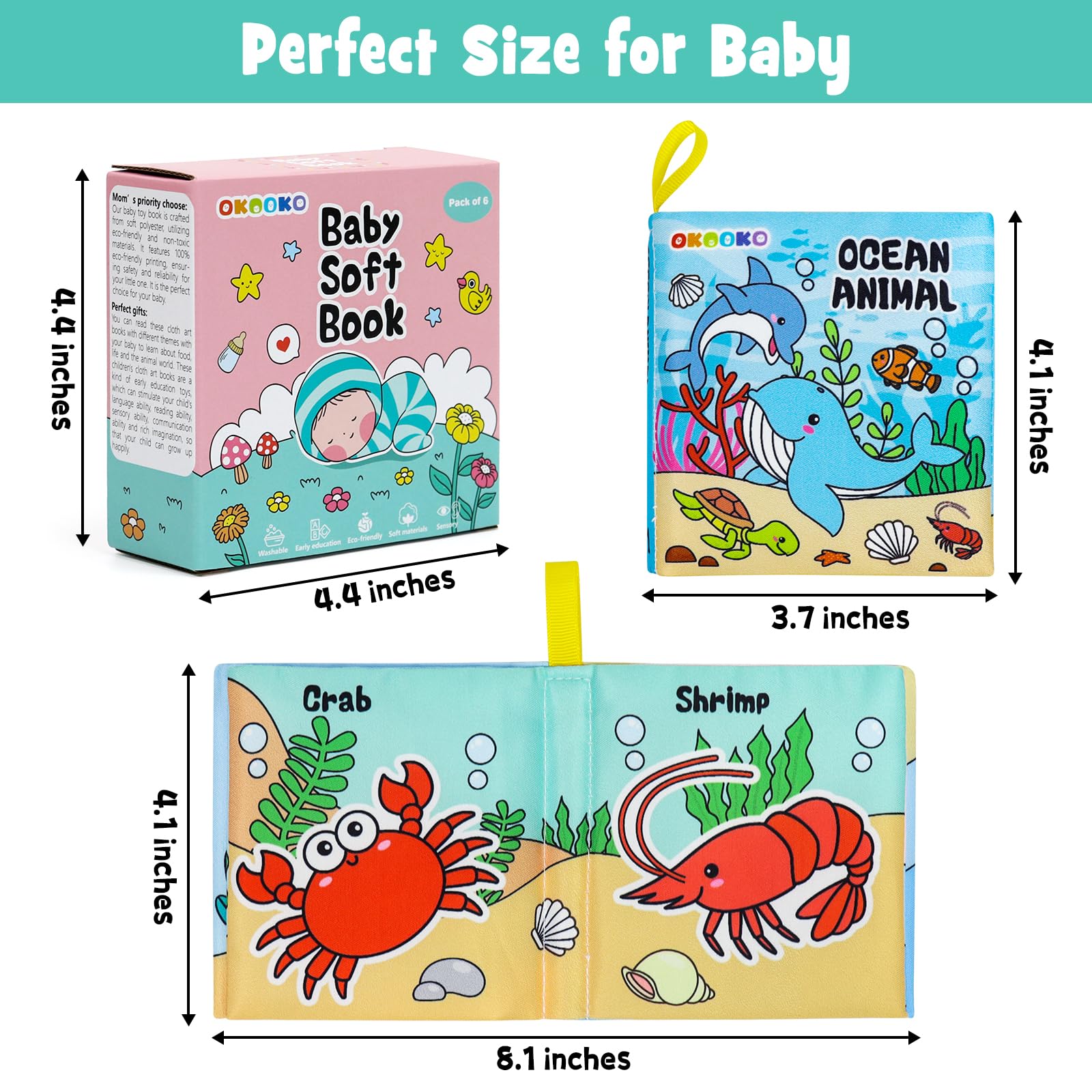 OKOOKO 6PCS Soft Baby Cloth Books - Washable Crinkle Bath Books for Newborns, Infants & Toddlers | Non-Toxic Early Learning Educational Toys | Perfect for Storytime, Sensory Play & Bath Time Fun