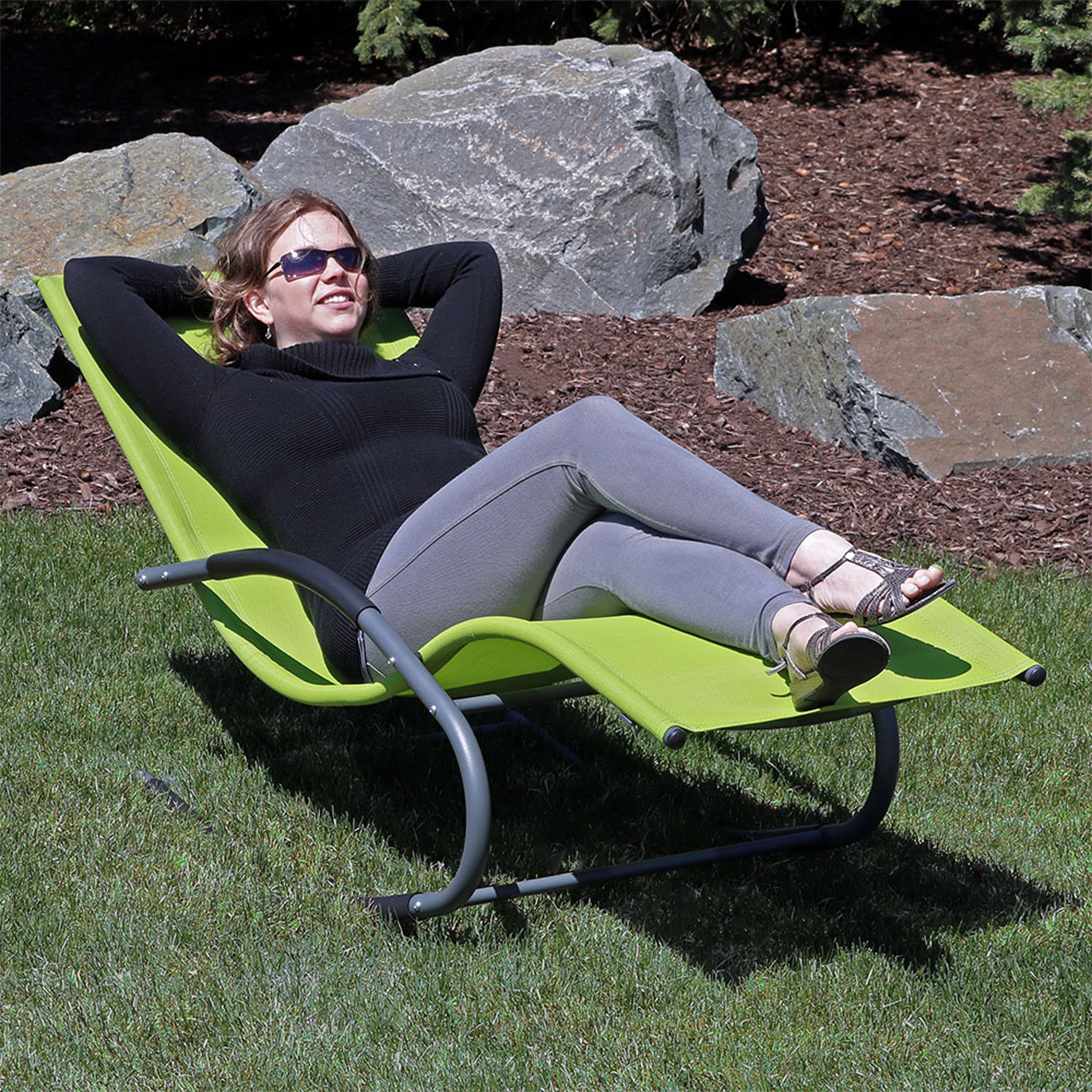 Sunnydaze Outdoor Patio Rocking Wave Lounger with Pillow - Green - Perfect for Poolside Relaxation, Backyard Lounging & Garden Comfort