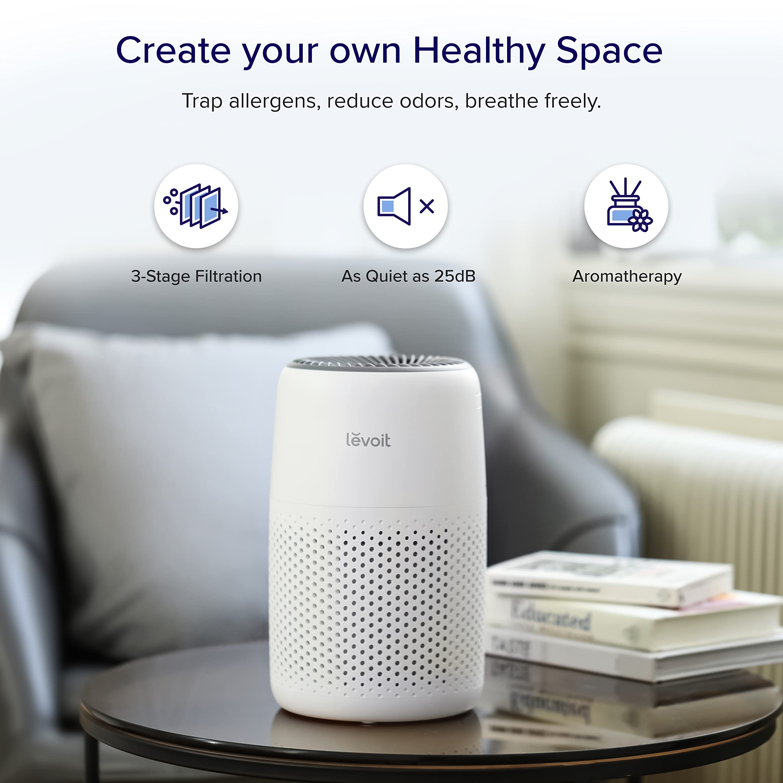 LEVOIT HEPA Air Purifier for Home, Large Room & Bedroom - Grey & White | Quiet Air Cleaner with True HEPA Filter | Perfect for Allergies, Pet Dander, Dust, Smoke Removal (Living Room, Nursery, Office Use)
