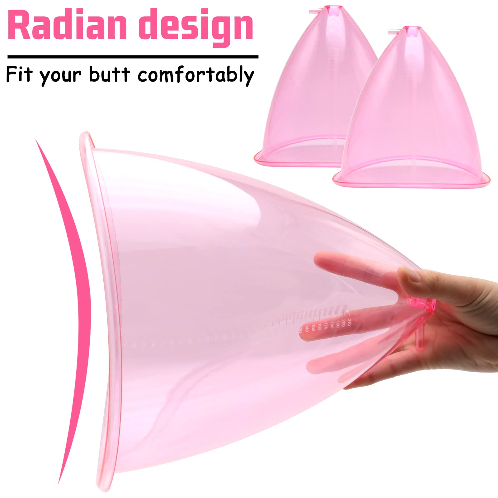 XXL 210ml Buttocks Vacuum Therapy Cups - 9.4 Inch Diameter Silicone Suction Cups for Bigger Butt Lifting & Body Massage | Includes Y-Hose Accessories | 1 Pair (Pink) | Perfect for Home Spa, Cellulite Treatment & Body Contouring Therapy