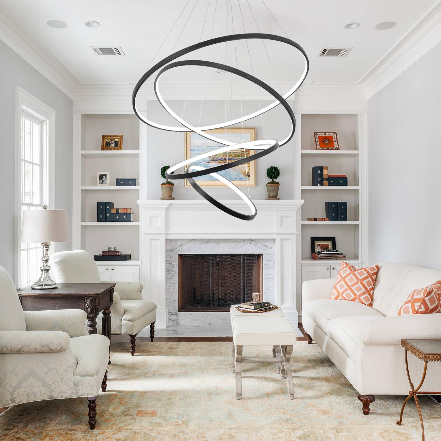 Modern LED Chandelier Lighting - Dimmable 4-Ring Ceiling Light Fixture in Cool White & Black for Dining Room, Living Room, Foyer, Bedroom | Contemporary Pendant Light for Home Decor & Ambient Lighting