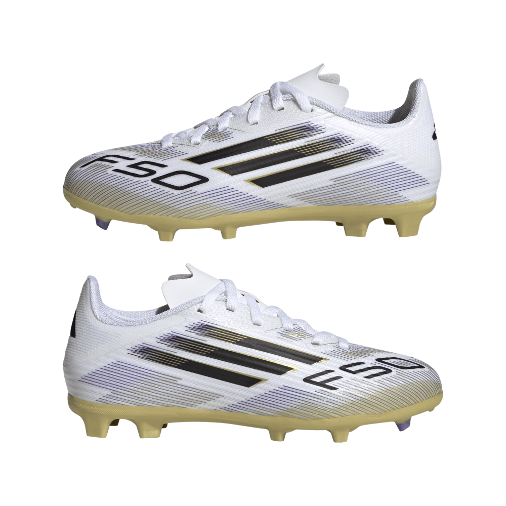 Adidas F50 League FG/MG Junior Football Cleats for Kids - White/Black/Metallic Gold Soccer Shoes | Perfect for Youth Training & Matches on Firm Ground & Artificial Turf