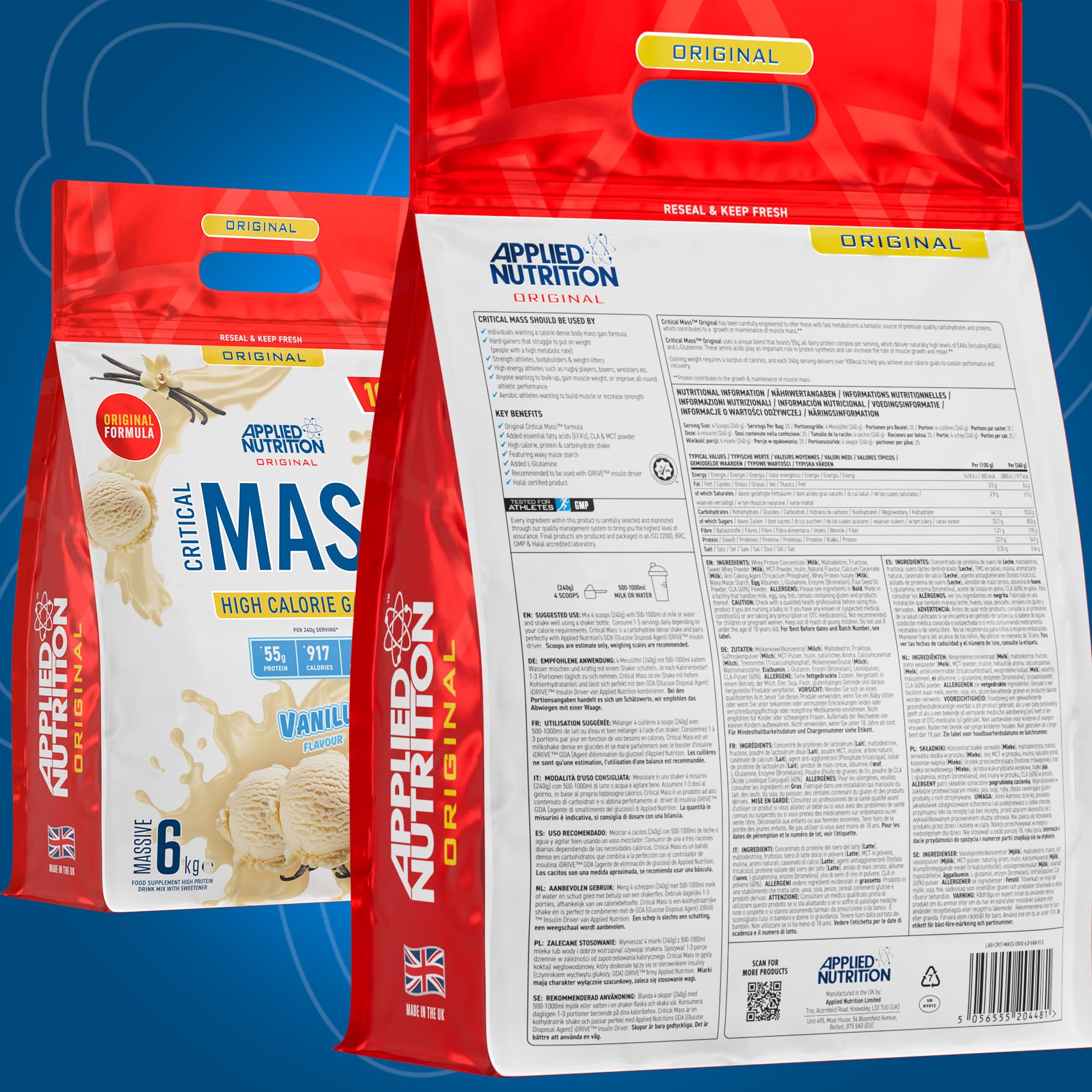 Applied Nutrition Critical Mass ORIGINAL Weight Gainer - 6kg for Muscle Building & Bodybuilding | Perfect for Post-Workout Recovery & Bulking Phases