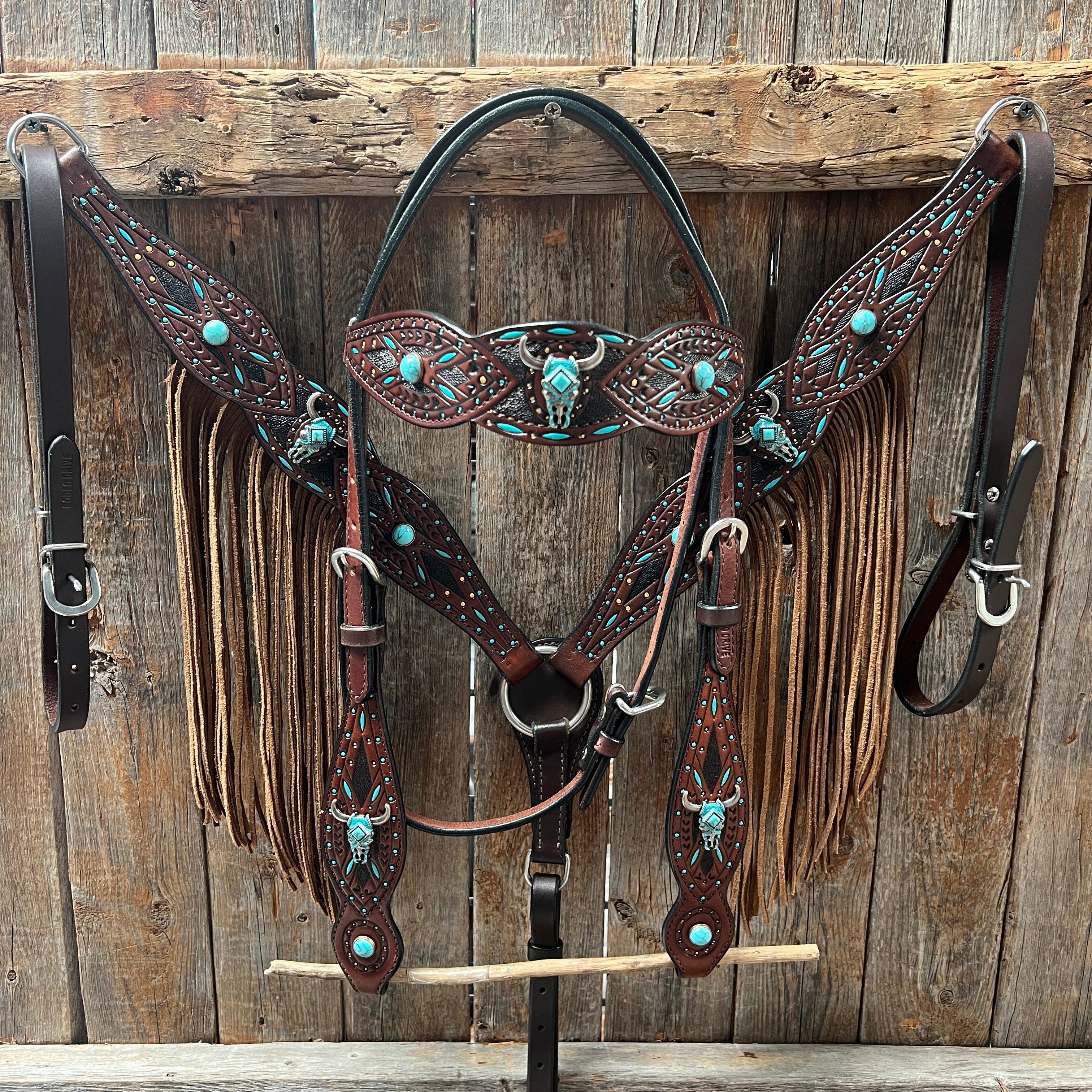 Hand-Painted Turquoise Steer Head Browband with One Ear & Breastcollar Tack Set - Western Horse Riding Accessories for Show & Trail Riding - Dark Oil Finish #BBBC624NW
