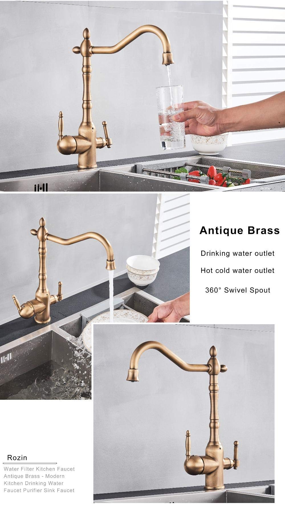 Antique Brass Kitchen Water Filter Faucet - Lead-Free Drinking Water Filtration System for Sink | Perfect for Clean Drinking Water & Healthy Cooking