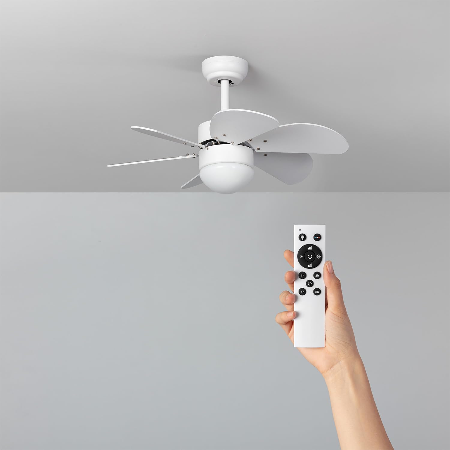 TECHBREY Orion White LED Ceiling Fan with Remote - 6 White Blades, Quiet DC Motor, 6 Speeds, 32 Inch Diameter, Timer - Perfect for Bedroom, Living Room & Office Cooling