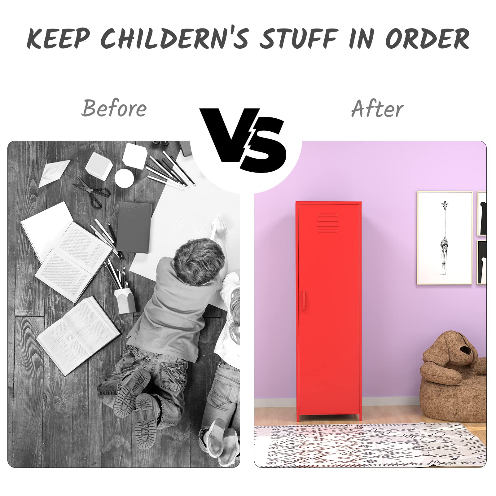 Steel Locker Cabinet - Single Door Metal Storage Locker with Hanging Rod & Shelves for Bedroom, School, Classroom | Organize Toys, Clothes & Essentials in Style (Red)