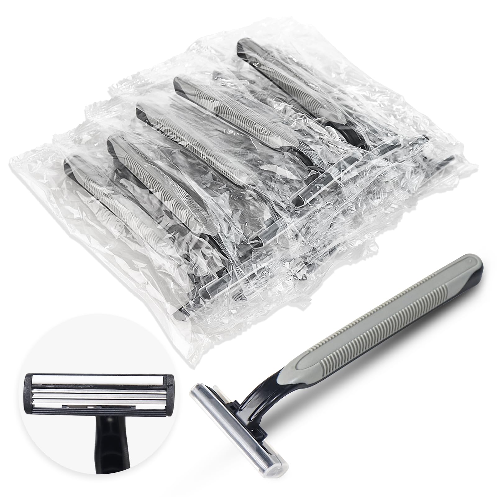 50 Pack Disposable Razors for Men & Women - Bulk Individually Wrapped 3-Blade Shaving Razors with Clear Cap - Perfect for Travel, Hotels, Airbnb, Shelters & Charity Donations - Smooth Shave for Face & Body
