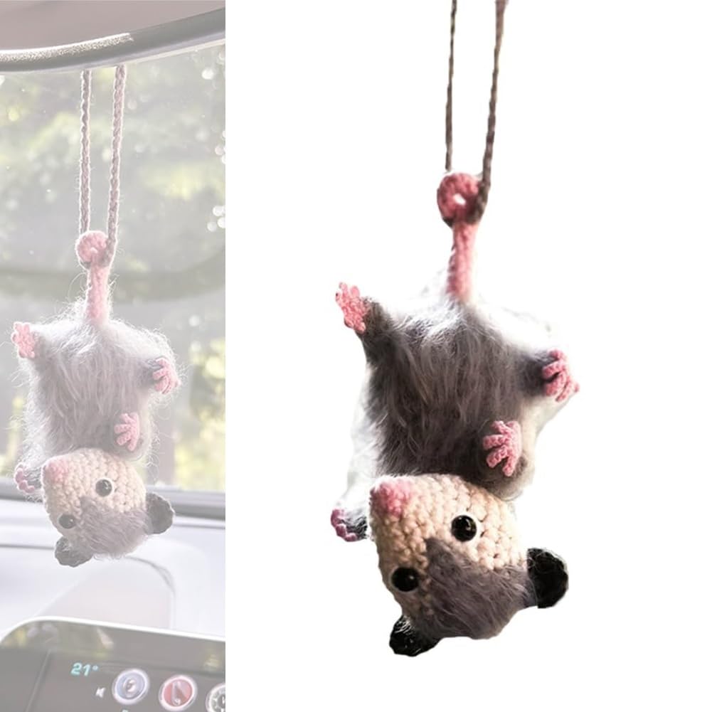 Handmade Knitted Possum Car Charm - Cute Hanging Mirror Pendant for Car Rearview, Office & Home Decor - Perfect Gift for Animal Lovers (Use in Cars, Offices, or as Wall Decoration)