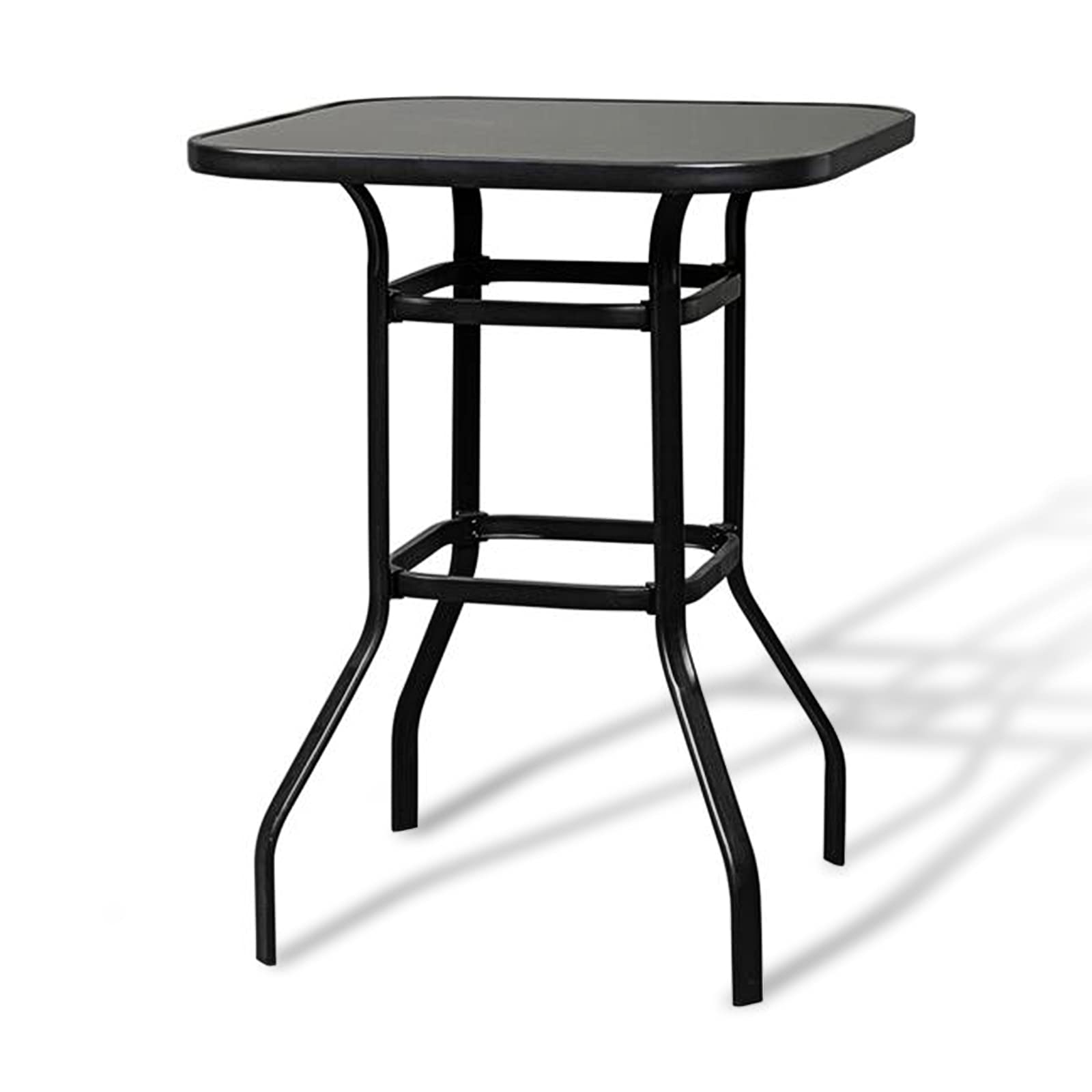 Outdoor Bar Table with Metal Frame & Tempered Glass Top - All-Weather Bistro Table for Patio, Deck, Garden & Backyard Dining