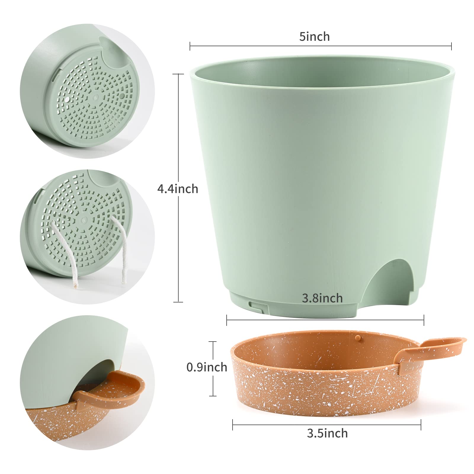 6-Pack 5 Inch Self-Watering Plant Pots with Drainage Holes - Indoor/Outdoor Flower Planters with Reservoir Tray & Watering Lip - Perfect for Home, Office, Balcony Gardening - Green Gardening Pots for Herbs, Succulents & Small Plants