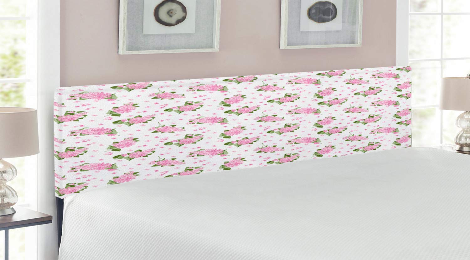 Lunarable Mauve Upholstered Headboard - Country Style Blooming Flowers & Hortensia Bouquet Design, Decorative Metal Bed Frame with Memory Foam, King Size (Pink & Green) - Perfect for Master Bedroom, Guest Room & Farmhouse Decor