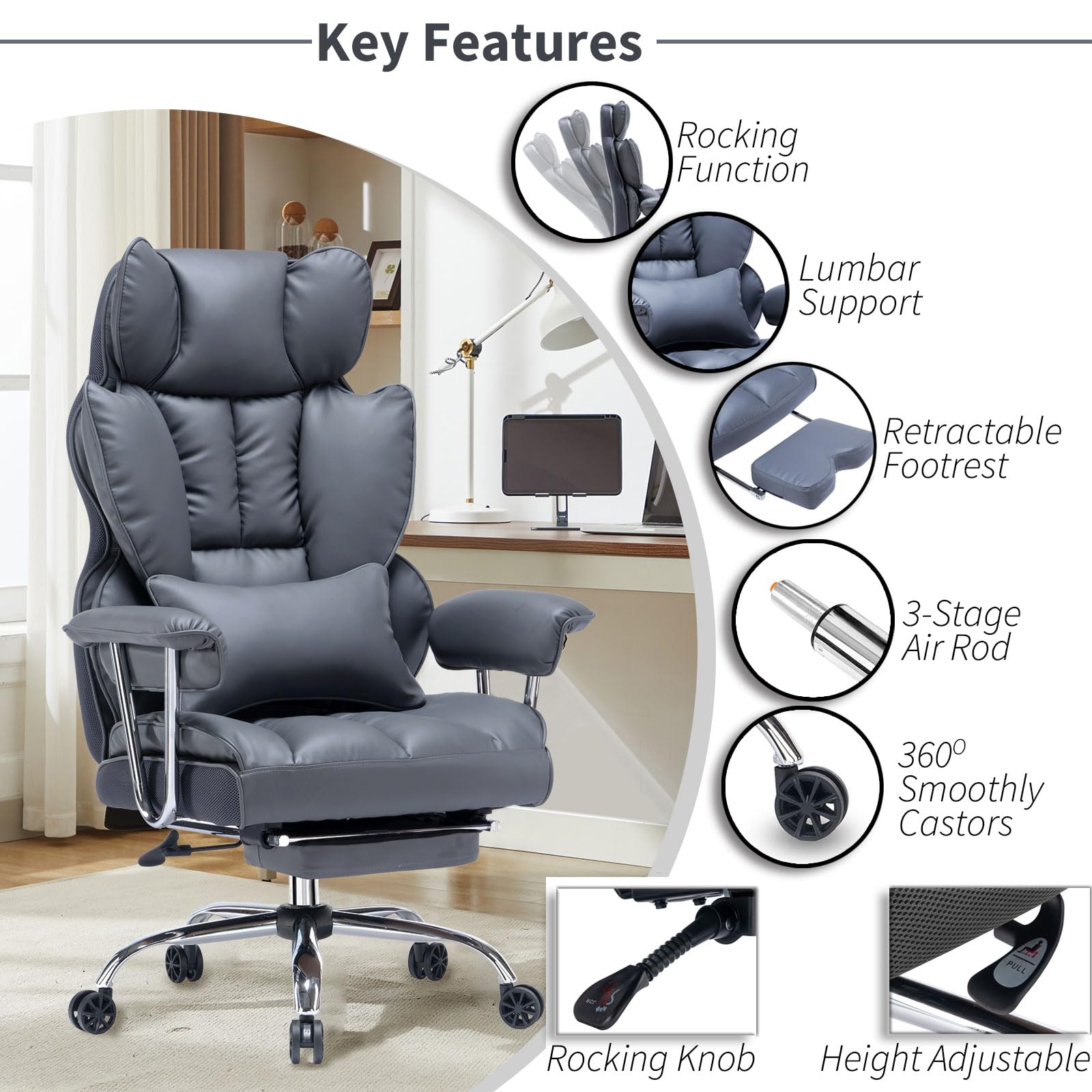 Efomao Big and Tall Executive Office Chair for Heavy People 500 lbs - High Back Ergonomic Computer Chair with Adjustable Footrest - Home Office Desk Chair in Mineral Grey - Perfect for Long Work Hours and Gaming Sessions
