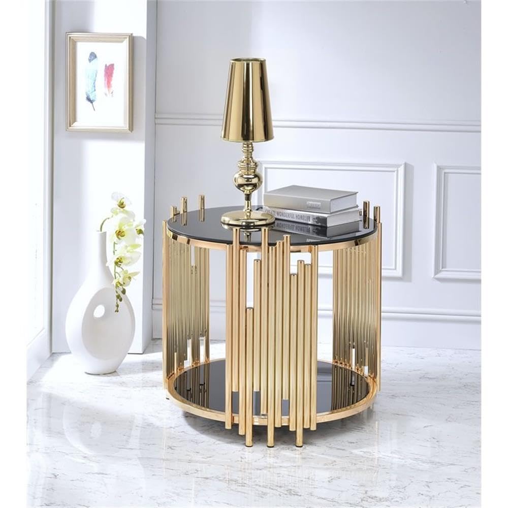 Acme Tanquin Round Glass Top End Table - Black Glass & Gold Accent - Perfect for Living Room, Bedroom, or Office Decor