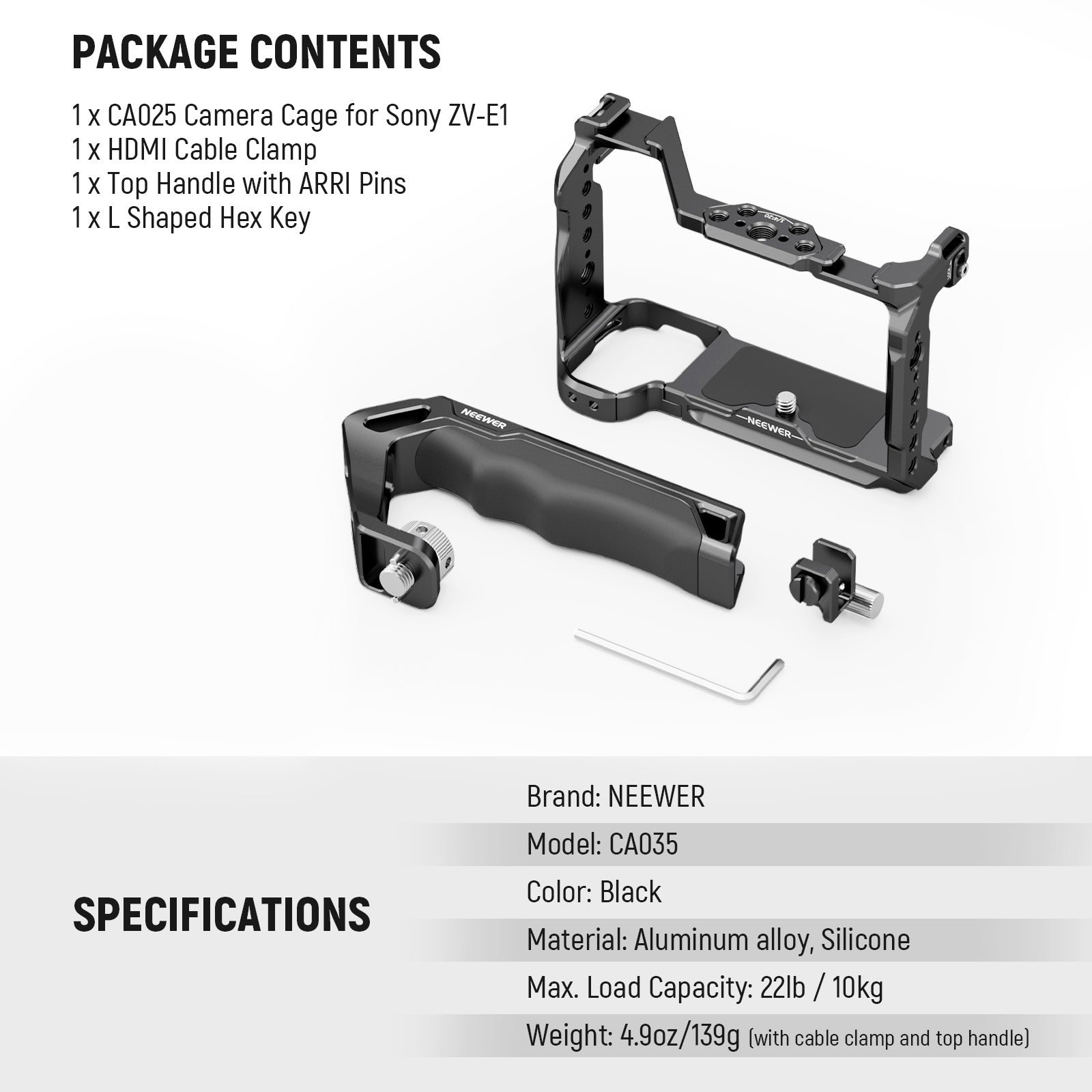 NEEWER CA035 Camera Cage Kit for Sony ZV-E1 - Durable Aluminum Alloy Rig with Cold Shoe Mount & 1/4