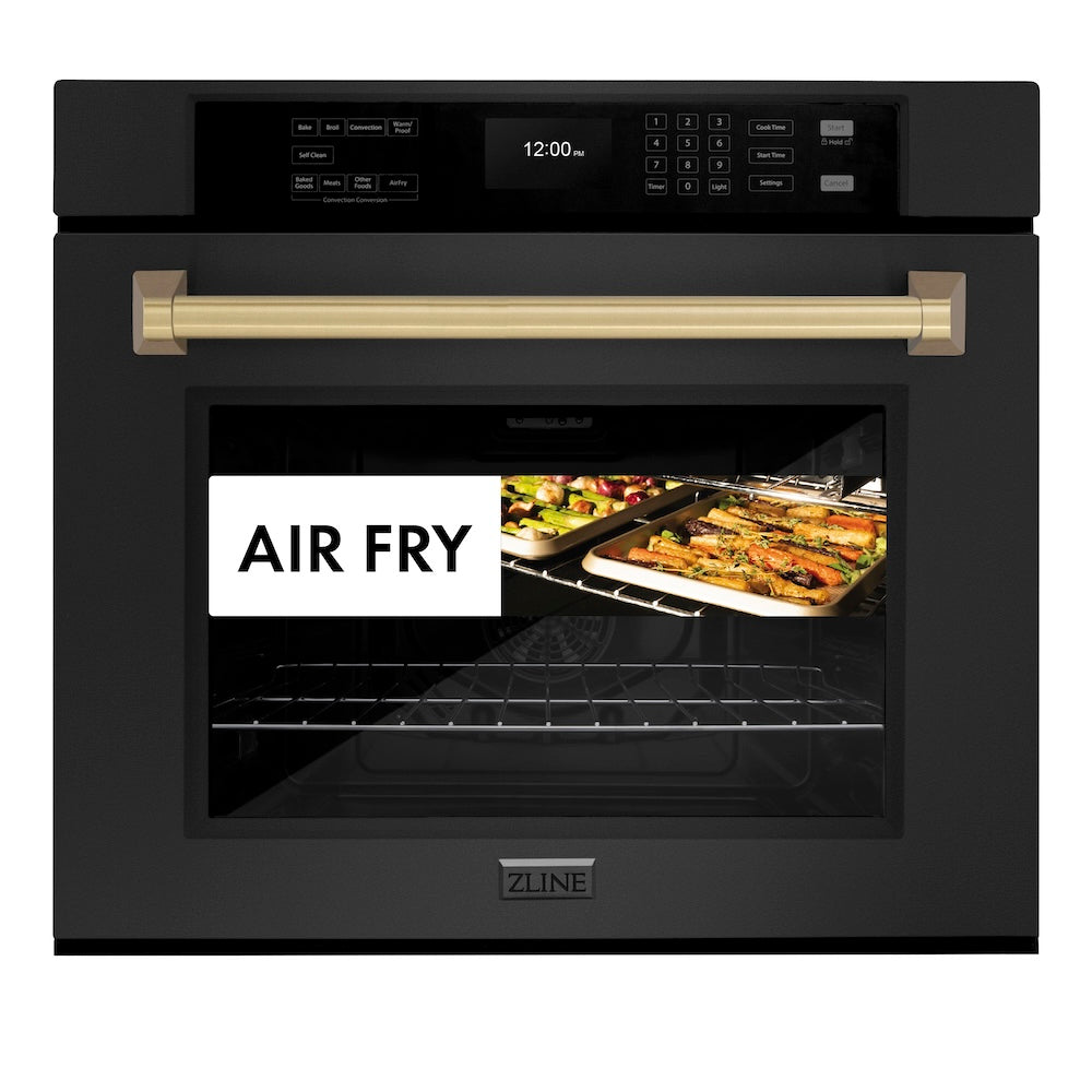 ZLINE Autograph Edition 30 Inch Professional True Convection Single Wall Oven with Air Fry & Self-Clean - Black Stainless Steel with Champagne Bronze Handle (WASBZ 30 CB) | Perfect for Modern Kitchens, Baking, Roasting & Air Frying