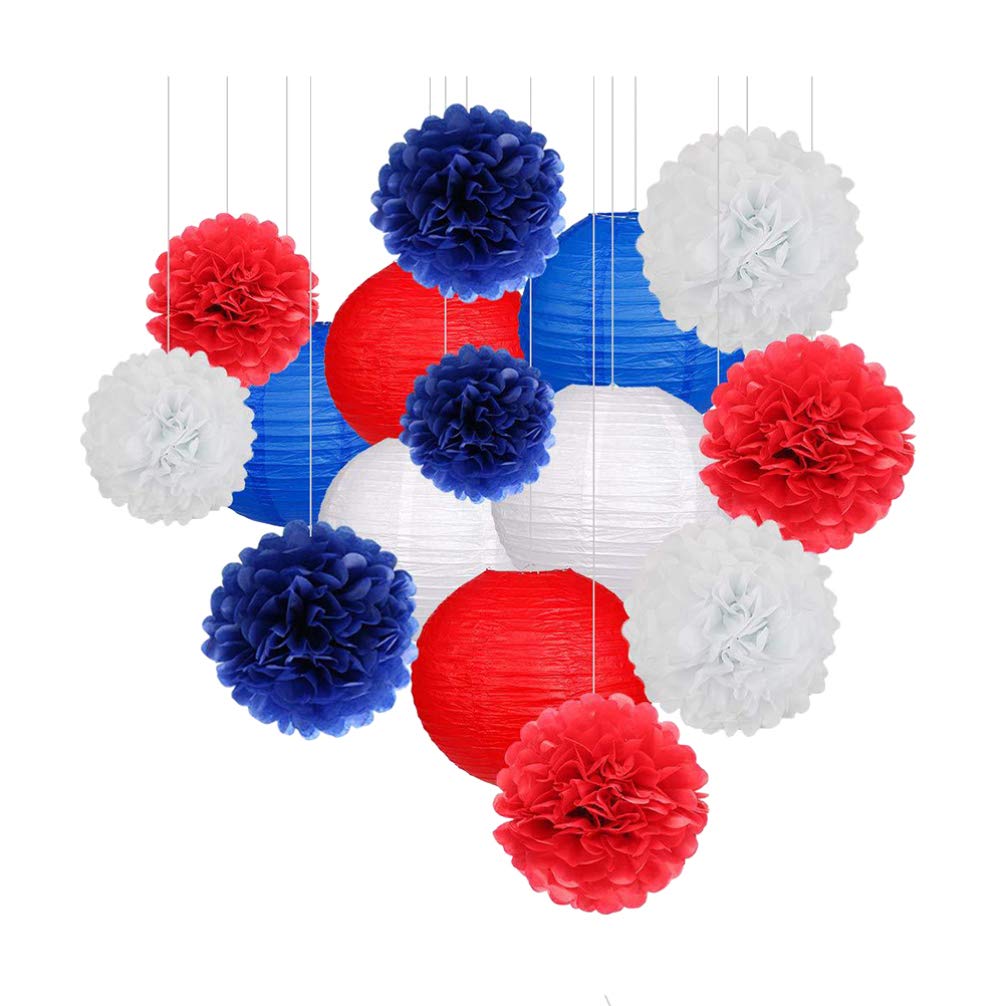 PRETYZOOM 15PCS Tissue Paper Flowers Pom Poms & Hanging Lanterns - Red White Blue Patriotic Party Decorations Kit for Independence Day, Wedding, Baby Shower & Home Decoration