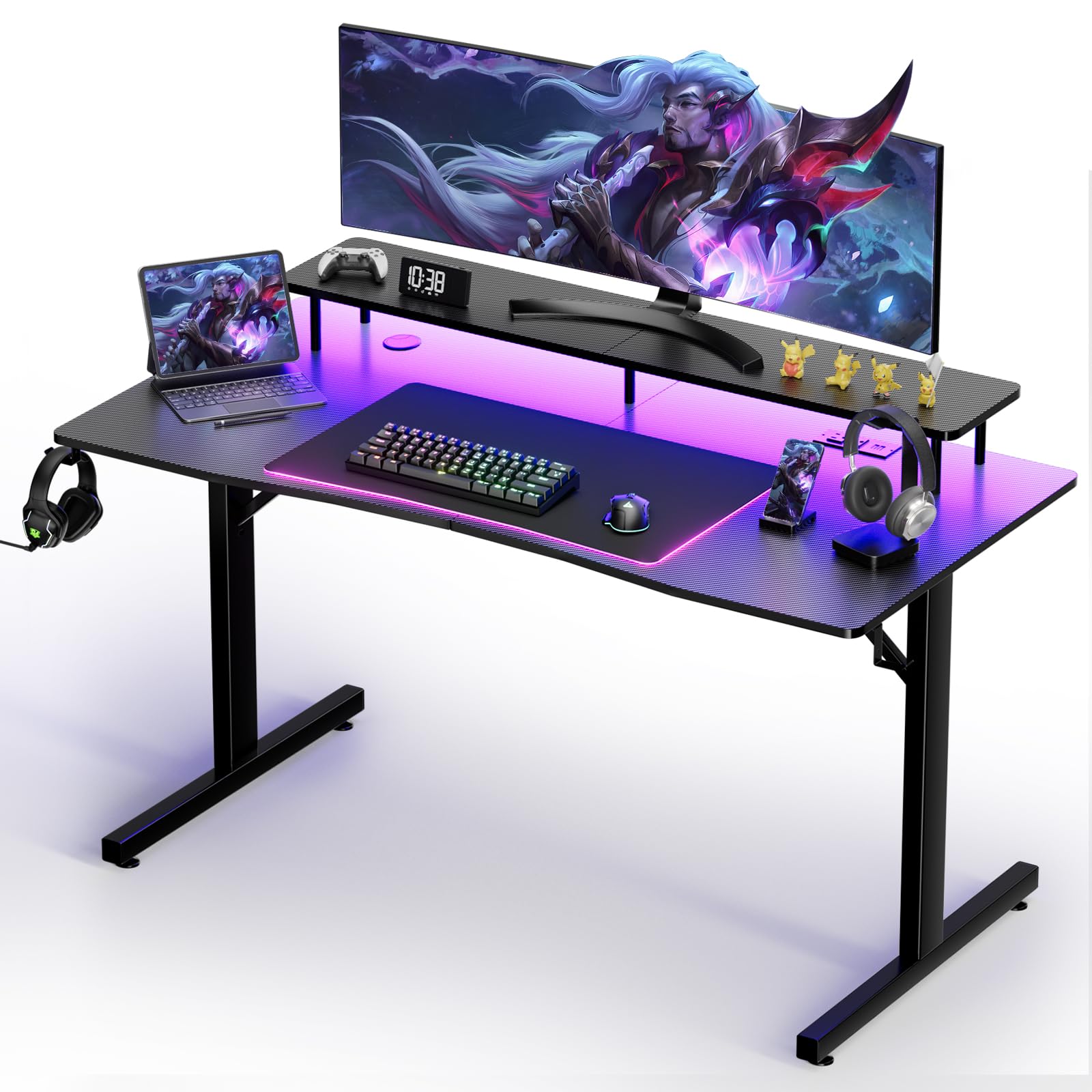 GTRACING 55 Inch LED Gaming Desk with Power Outlet & Monitor Stand - Ergonomic Carbon Fiber Computer Desk with Headphone Hook & Mouse Pad - Perfect for PC Gaming Setup, Home Office & Esports