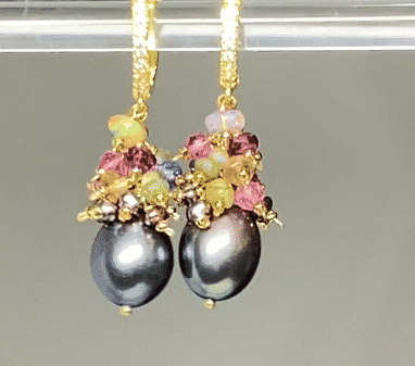 14K Gold Filled Gray Pearl Earrings with Gemstone Clusters - Elegant Jewelry for Weddings, Parties & Special Occasions