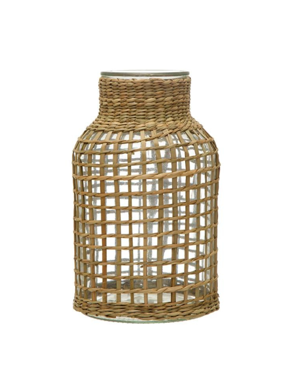 Elegant Glass Hurricane Vase with Natural Woven Grass Accent - Perfect for Wedding Centerpieces, Home Decor, and Candle Displays