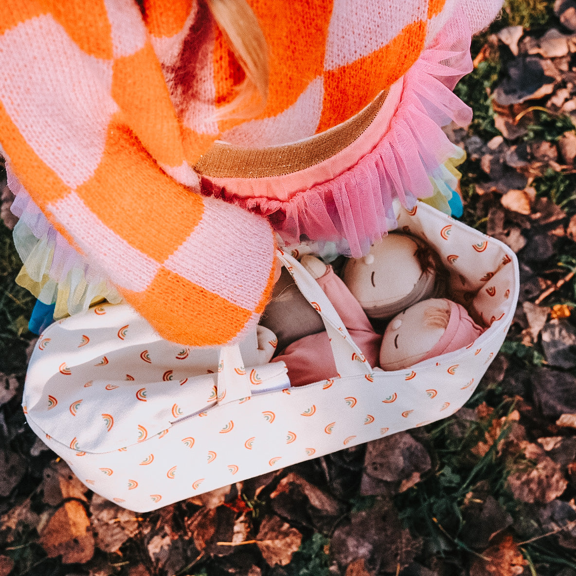 Dinkum Dolls Portable Baby Carry Cot with Vibrant Rainbow Print - Perfect for Travel, Napping & Outdoor Adventures
