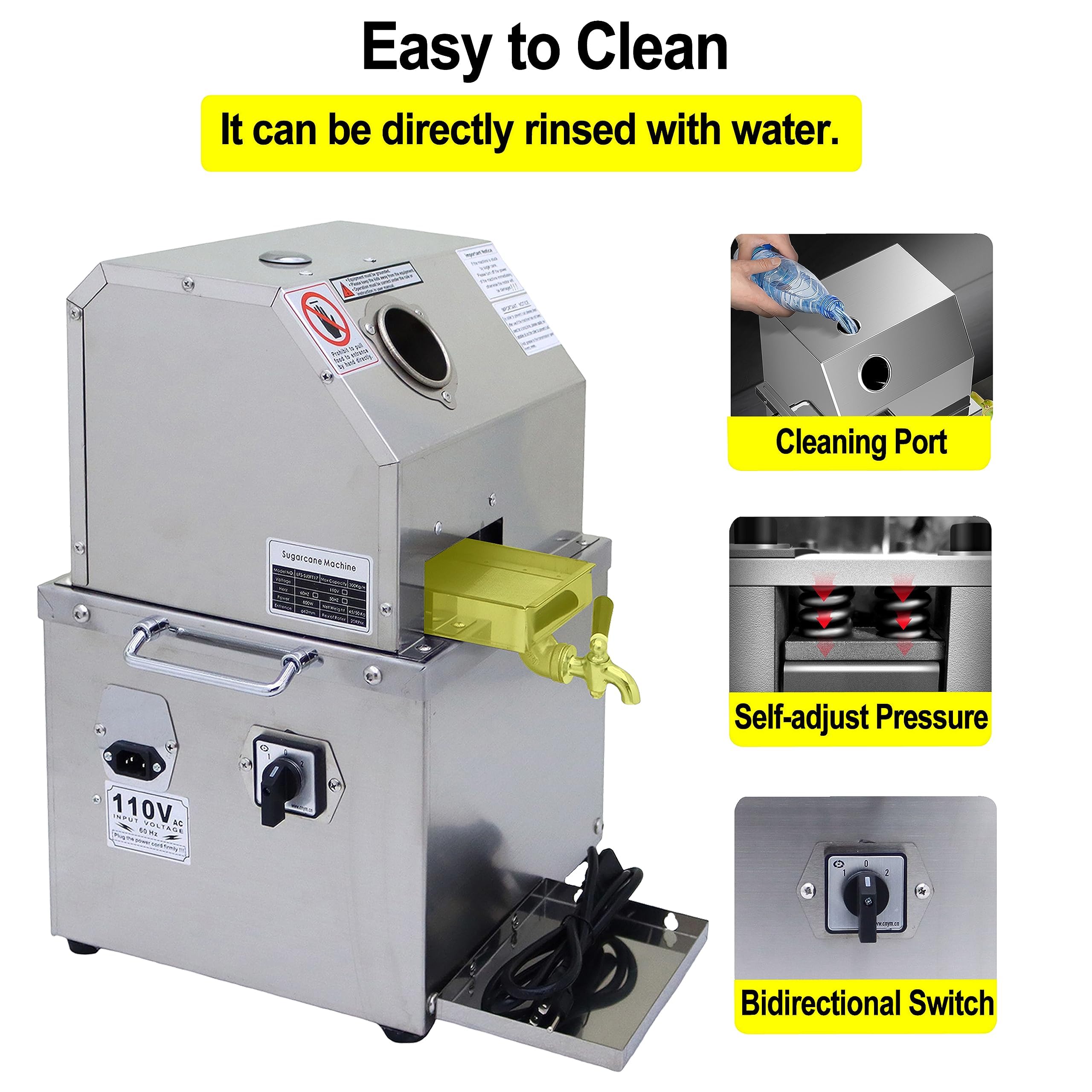 TECHTONGDA 110V 800W Commercial Electric Sugar Cane Juicer Machine - 3 Stainless Steel Rollers, 2 Peeling Knives, 660 LBS/H Output - Perfect for Juice Bars, Restaurants & Street Vendors