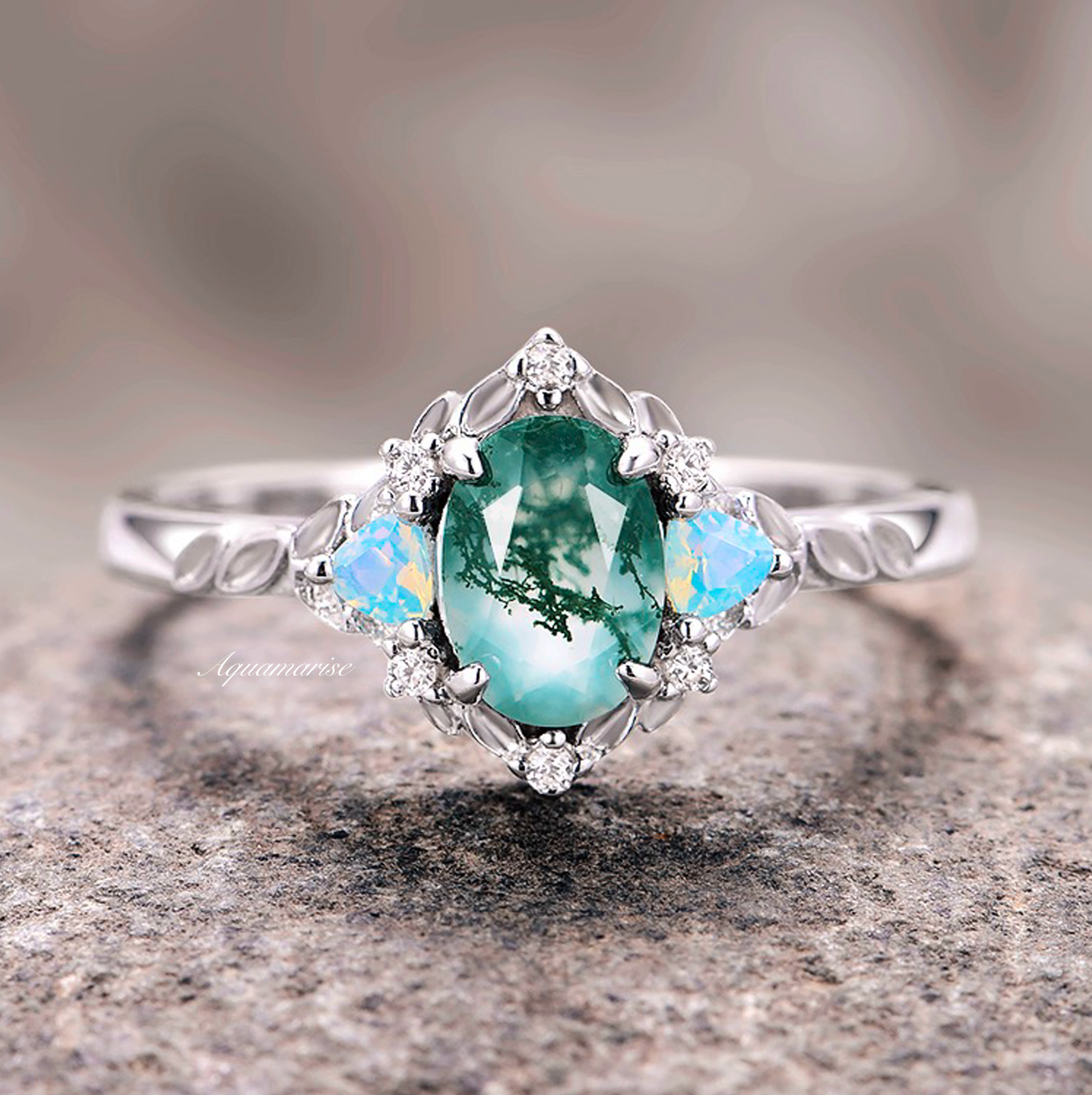 Elegant Moss Agate & Opalescent Sapphire Leaf Ring in Sterling Silver - Perfect for Nature-Inspired Jewelry Lovers, Weddings & Boho Fashion