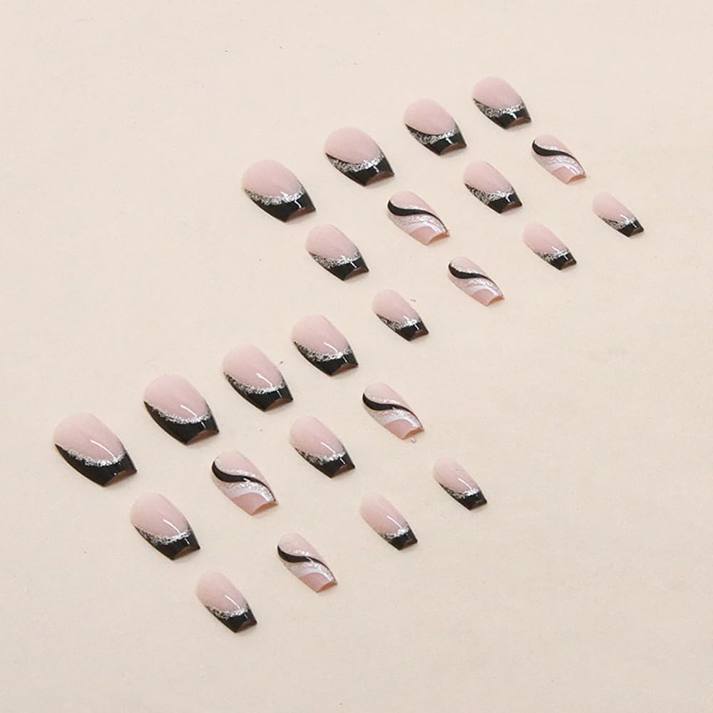 Premium 24Pcs Black French Press On Nails - Coffin Medium Length with Ballerina Tips, Glossy False Nails with Silver Sequins & Striped Designs | Full Cover Acrylic Nails for Women & Girls | Perfect for Parties, Weddings & Special Occasions