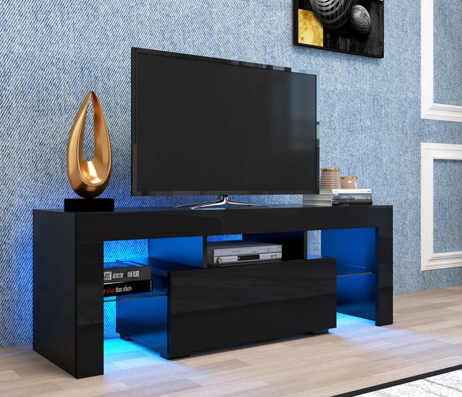 Modern LED TV Stand with Single Drawer - Black Entertainment Center Cabinet for 50-55 Inch TVs - Living Room & Bedroom Furniture for Home Theater Setup