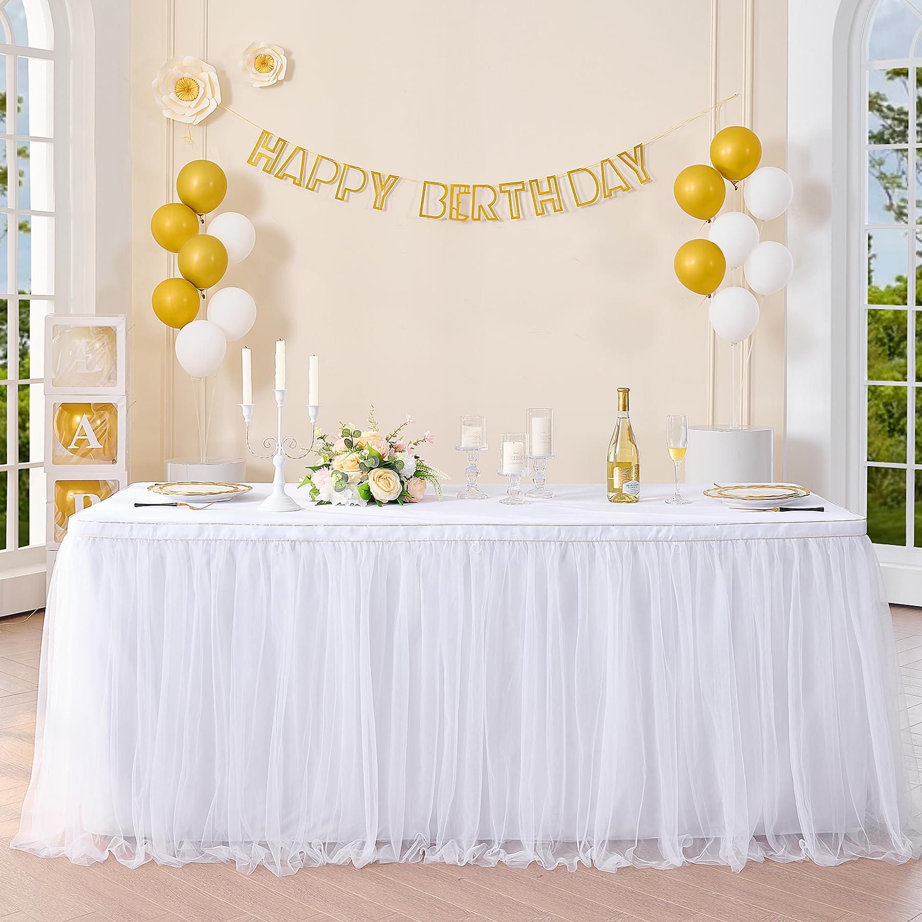 Suppromo 6ft White Tulle Table Skirt - Elegant Tutu Table Cover for Rectangle & Round Tables - Perfect for Weddings, Bridal Showers, Birthday Parties & Event Decorations - Adds a Romantic Touch to Any Celebration