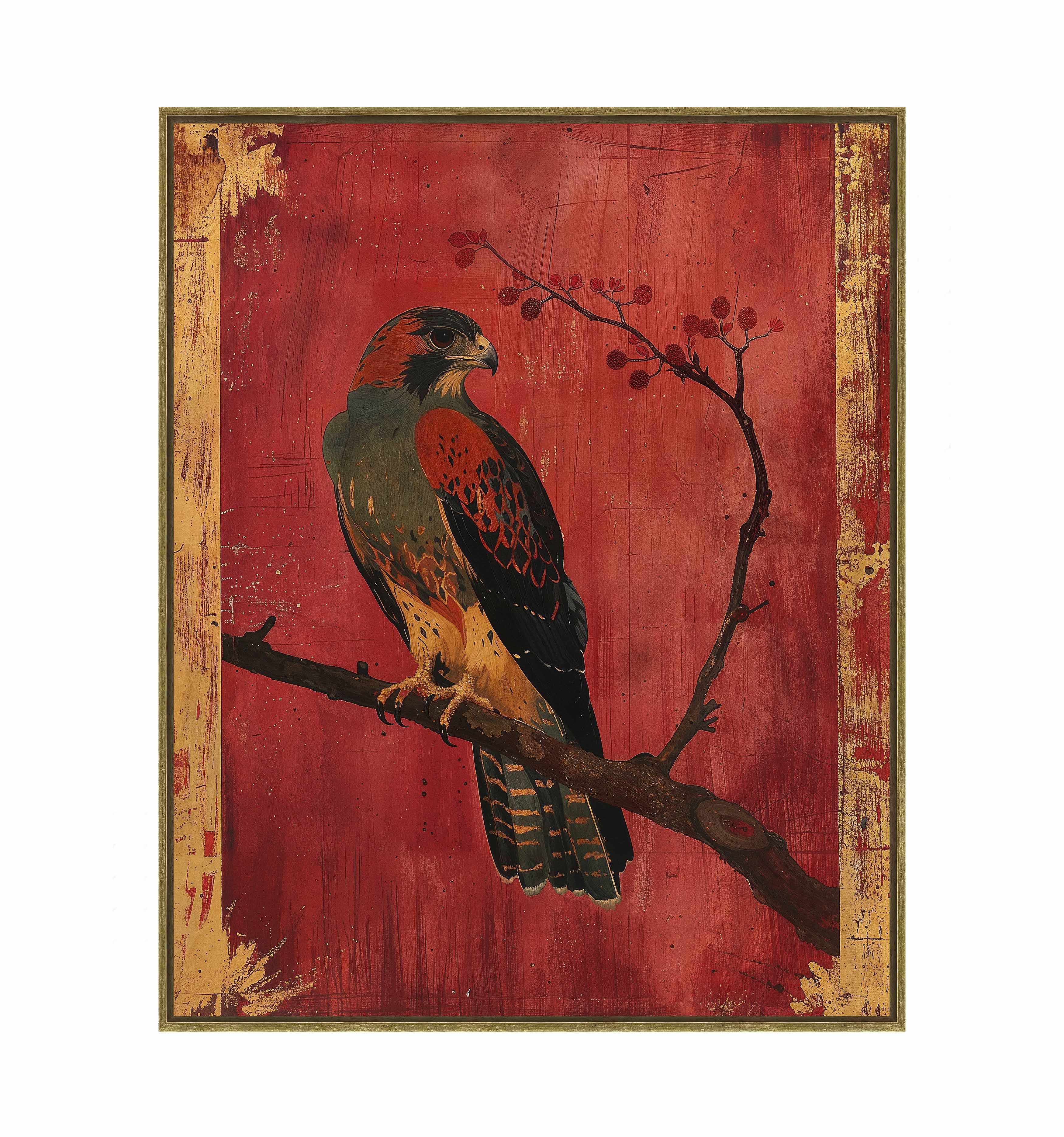 Crimson Majesty Falcon of the Silk Road Wall Art - Handmade Gallery Wrapped Canvas Painting for Living Room, Bedroom & Office Decor
