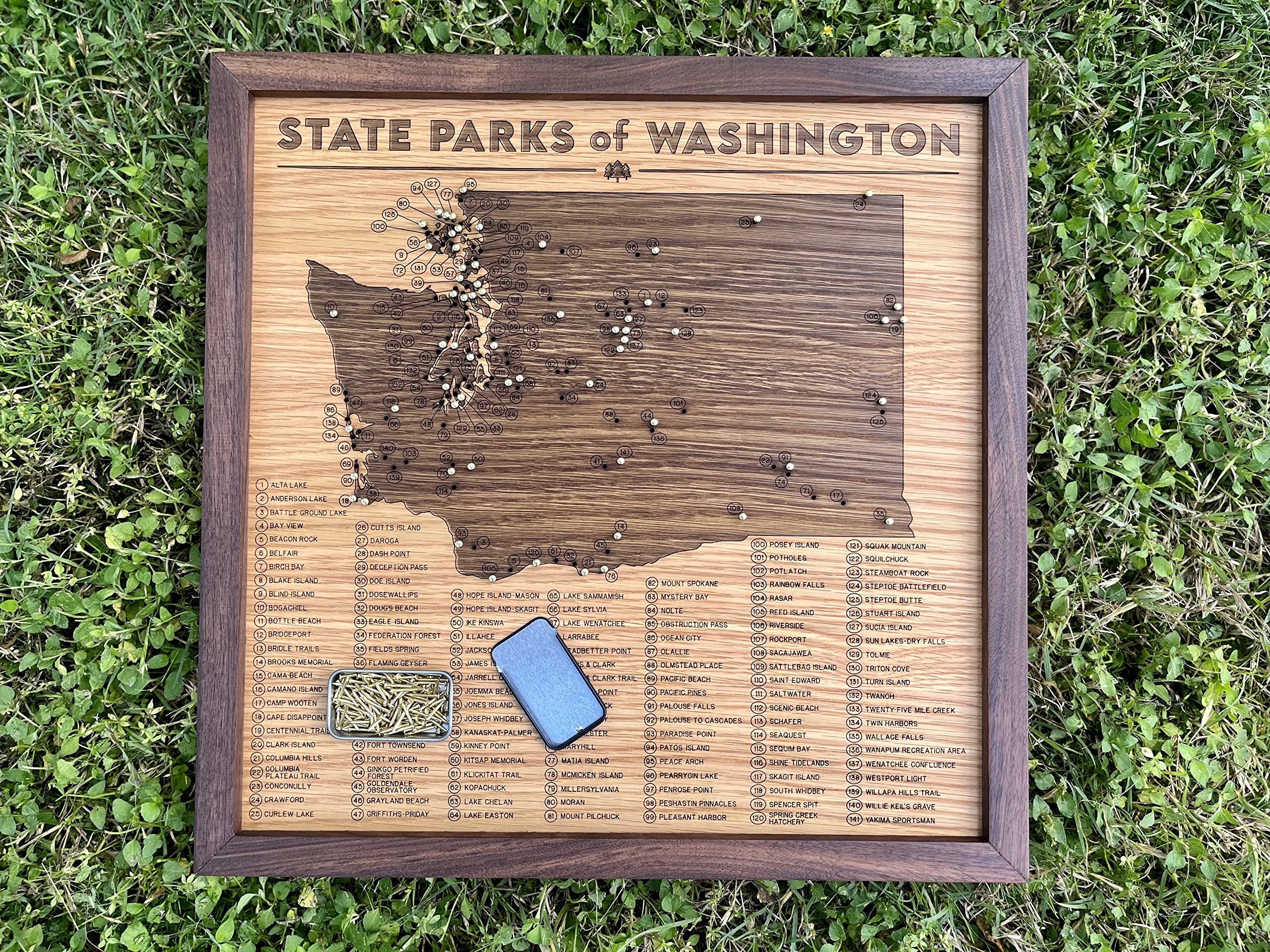 Washington State Parks Push Pin Map - Wooden Travel Tracker with Brass Pins for Adventure Planning
