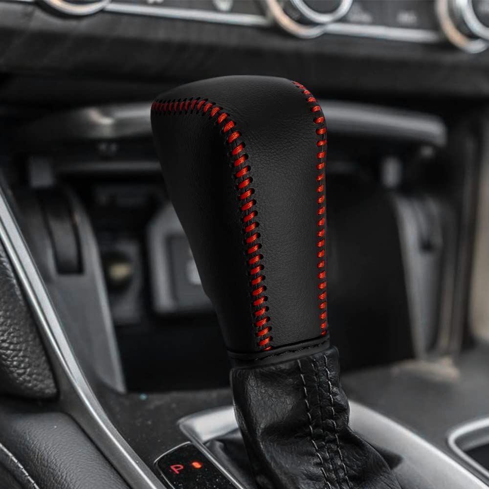 Premium Leather Gear Shift Knob Cover for Honda HRV/CRV 2023, Accord 2018-2023 & Civic 2022+ - Black with Red Stitches - Durable Shifter Protector & Interior Upgrade - Perfect for Daily Driving & Car Enthusiasts