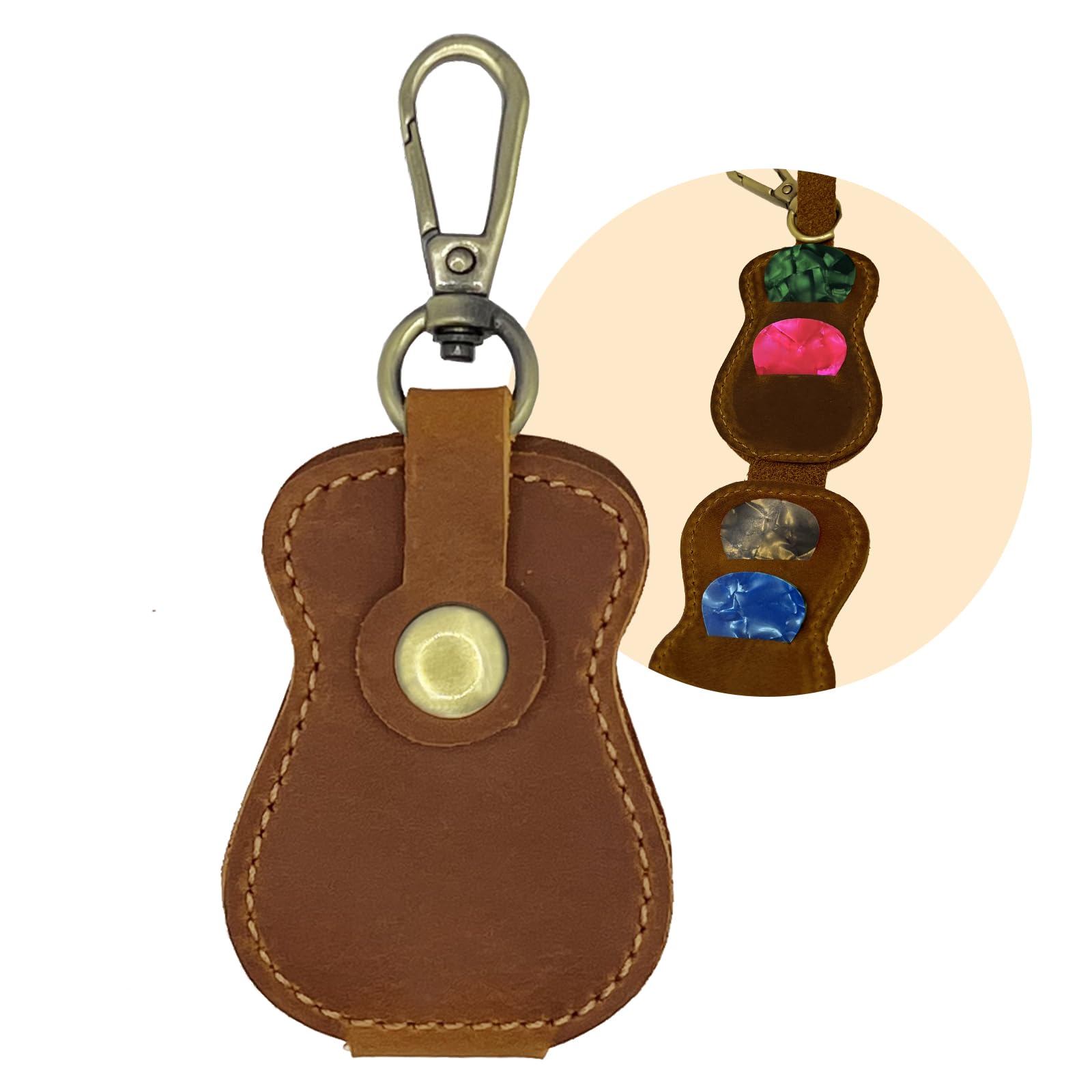Premium Genuine Leather Guitar Pick Holder Keychain - Compact 4-Pick Storage Case with Hook - Portable Guitar Accessories for Musicians - Perfect for Guitarists, Bass Players & Travel Use