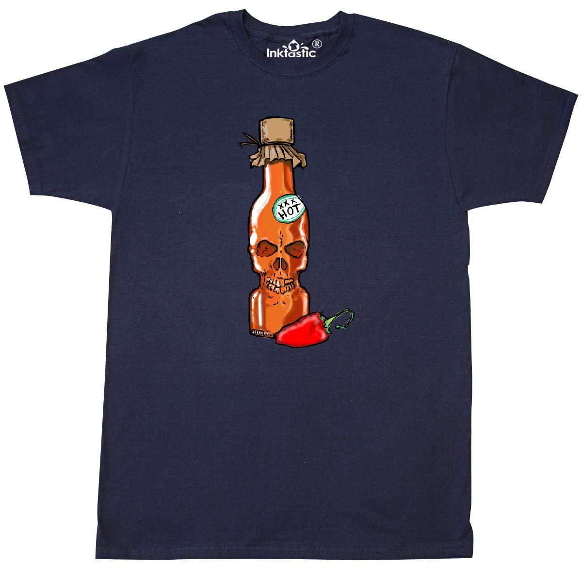 Inktastic Hot Sauce Skull Bottle with Pepper Graphic T-Shirt - Spicy Food Lover Tee for Men & Women - Perfect for BBQ Parties, Cooking Enthusiasts, and Hot Sauce Fans