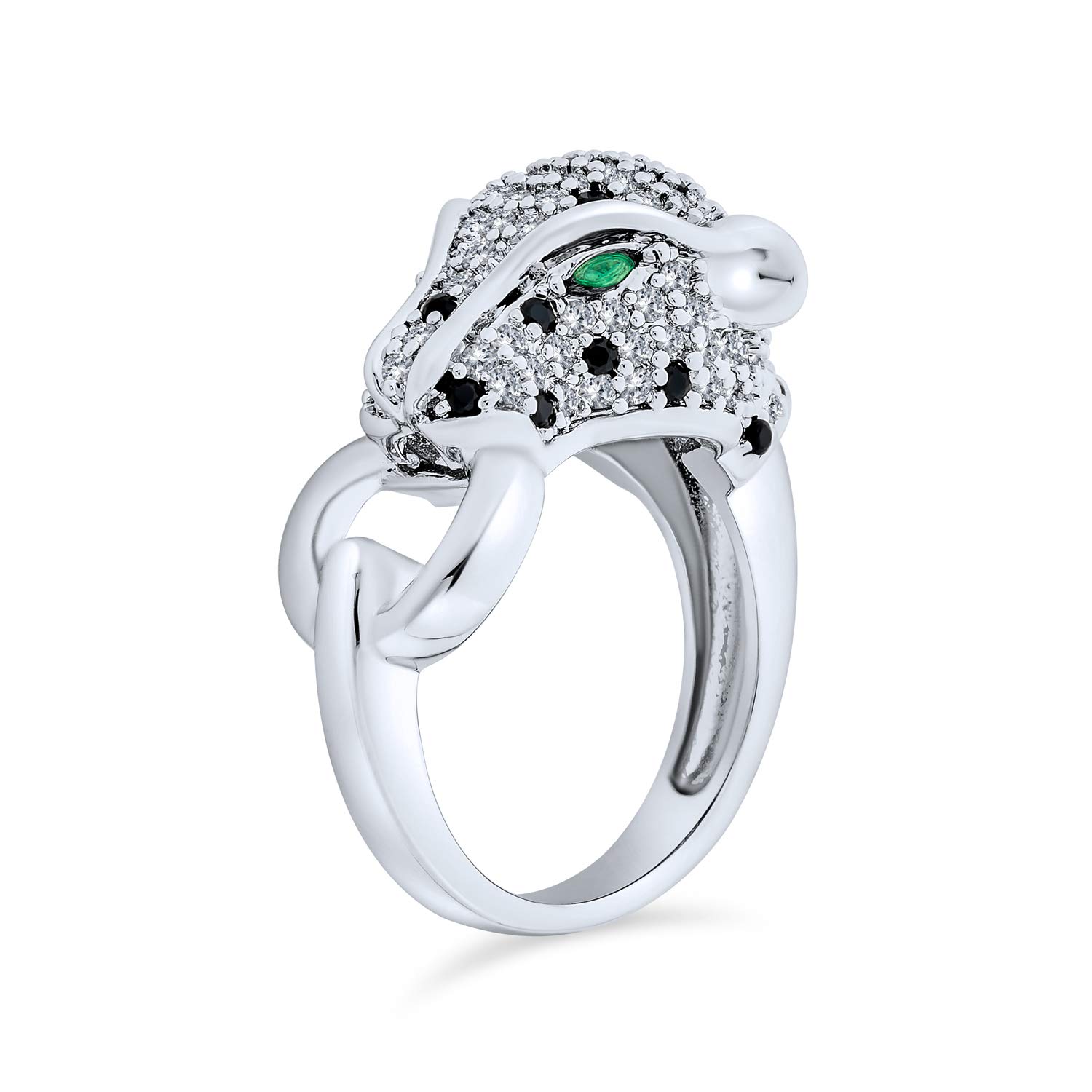 Green Eye Panther CZ Statement Ring for Women - Silver Plated Brass Jewelry for Party & Fashion