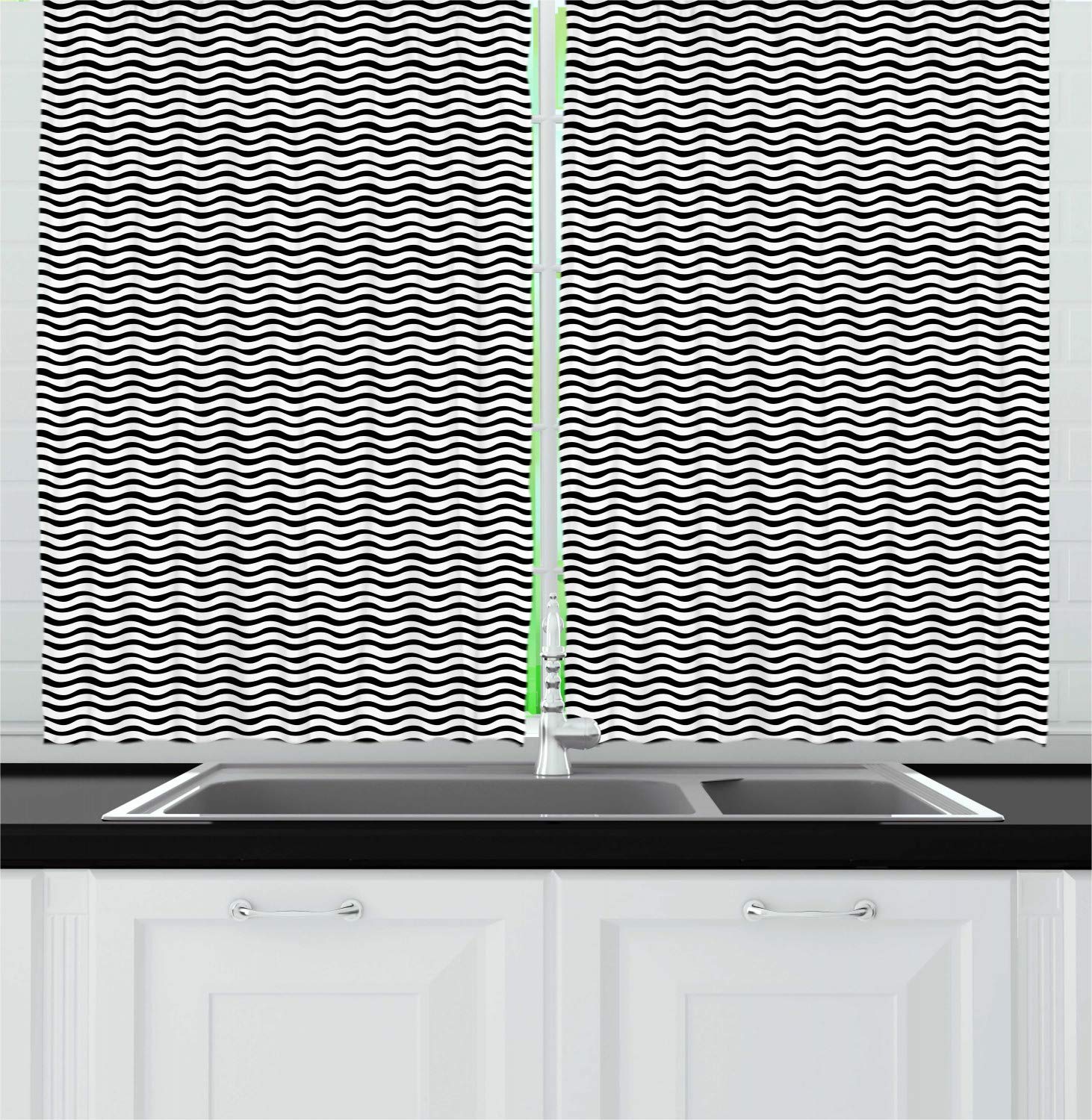 Ambesonne Abstract Wavy Streaks Kitchen Curtains - Modern Monotone Window Drapes, 2 Panel Set for Kitchen & Cafe Decor, 55