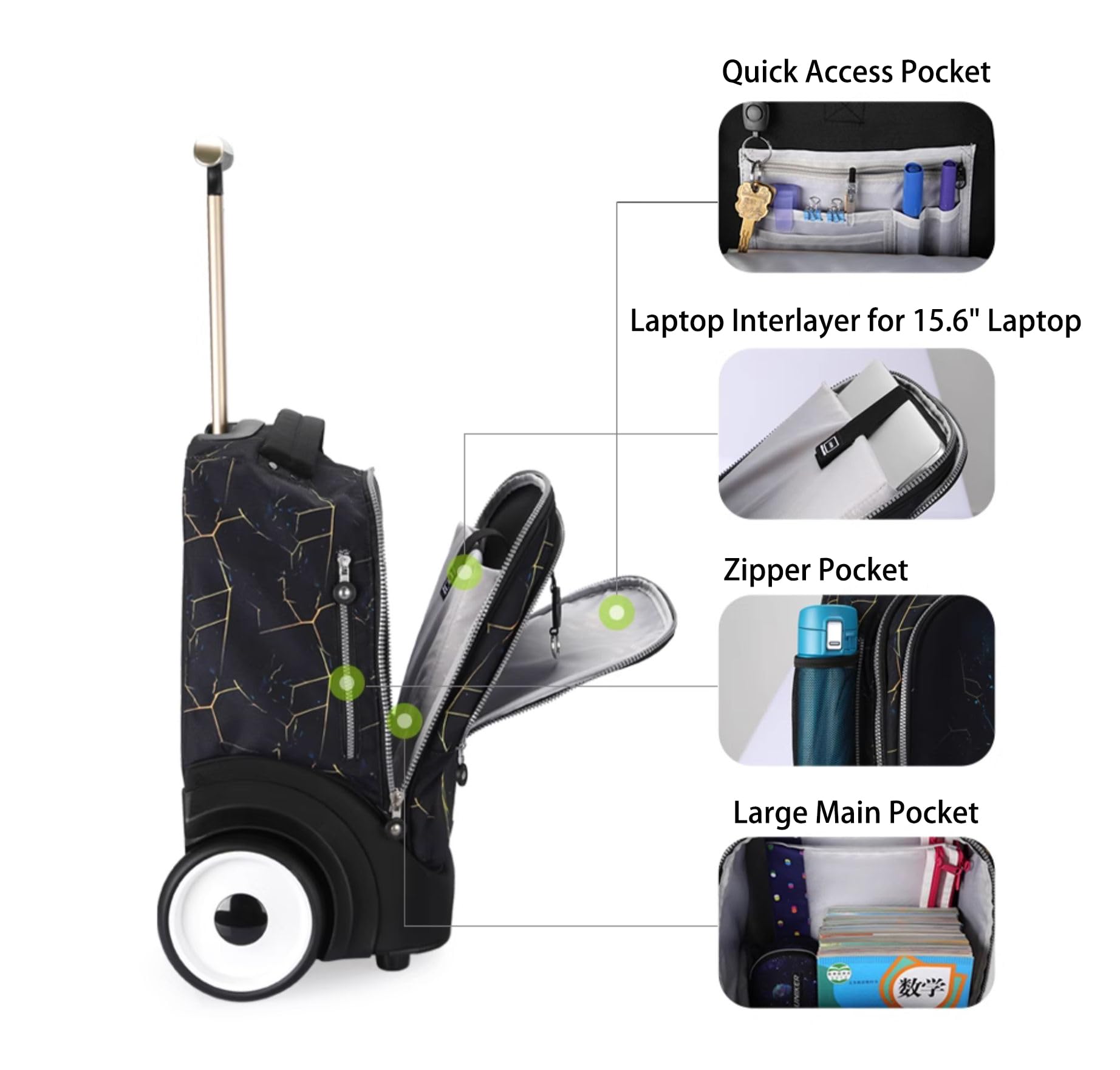 UNIKER Rolling Laptop Backpack - Wheeled Carry-On Bag with Dedicated Laptop Compartment (Fits 15.6