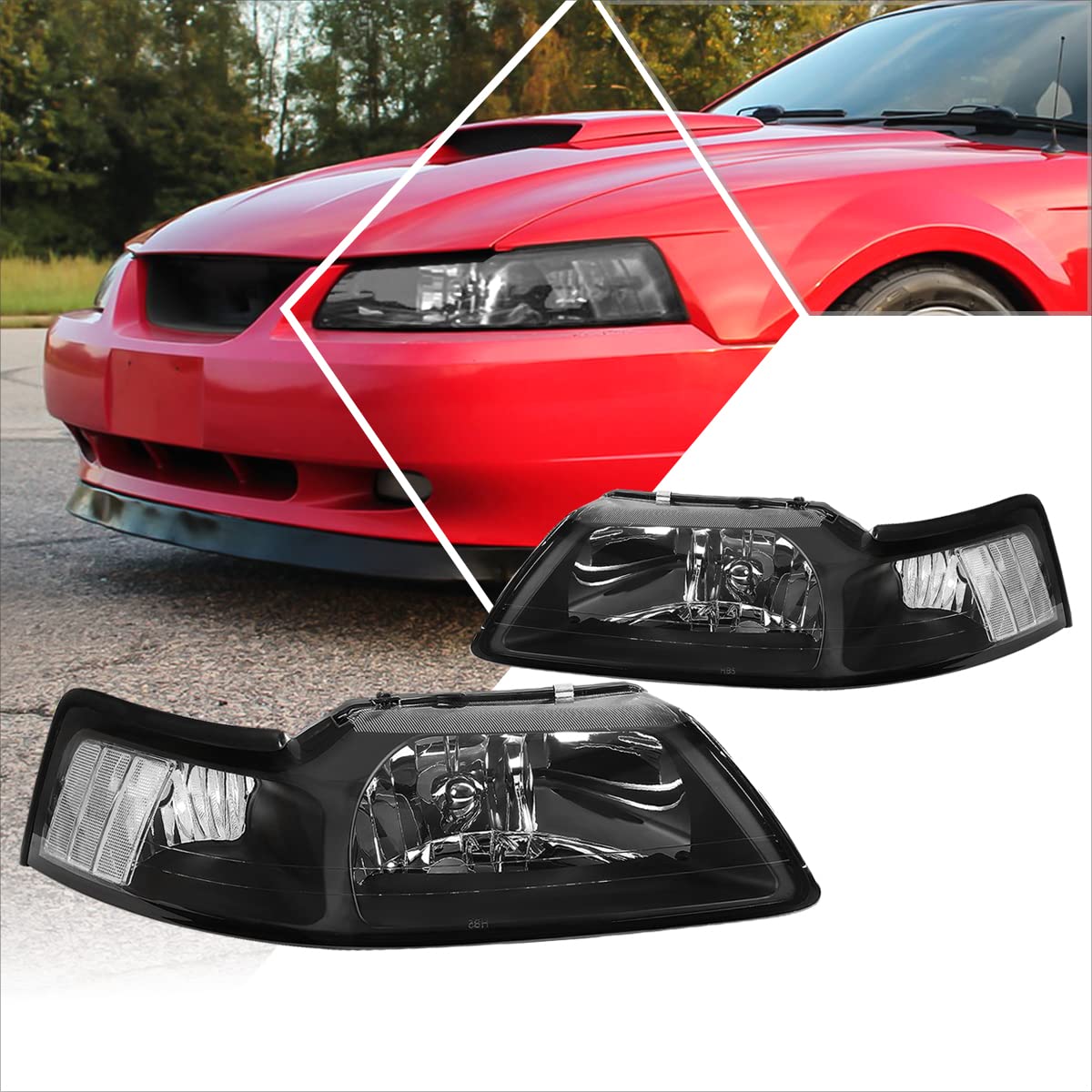 Ford Mustang 99-04 Replacement Headlight Assembly - Black Housing with Clear Corner Lights | Direct Fit, DOT Approved | Upgrade for Night Driving & Car Shows