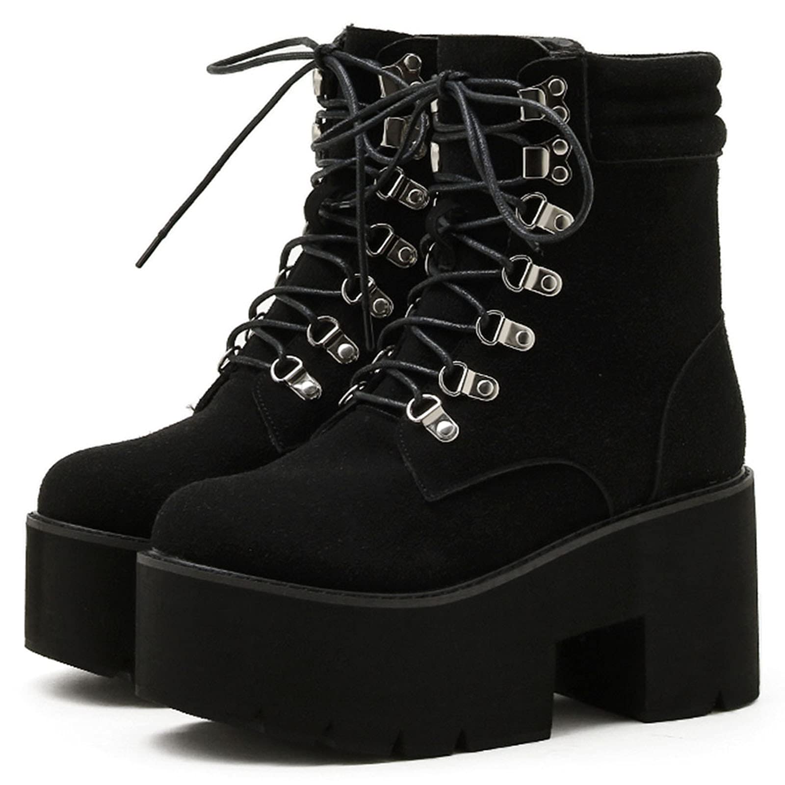 CYNLLIO Women's Fashion Block Heel Platform Combat Ankle Boots - Lace Up Studded Motorcycle Booties for Casual Outfits & Night Out