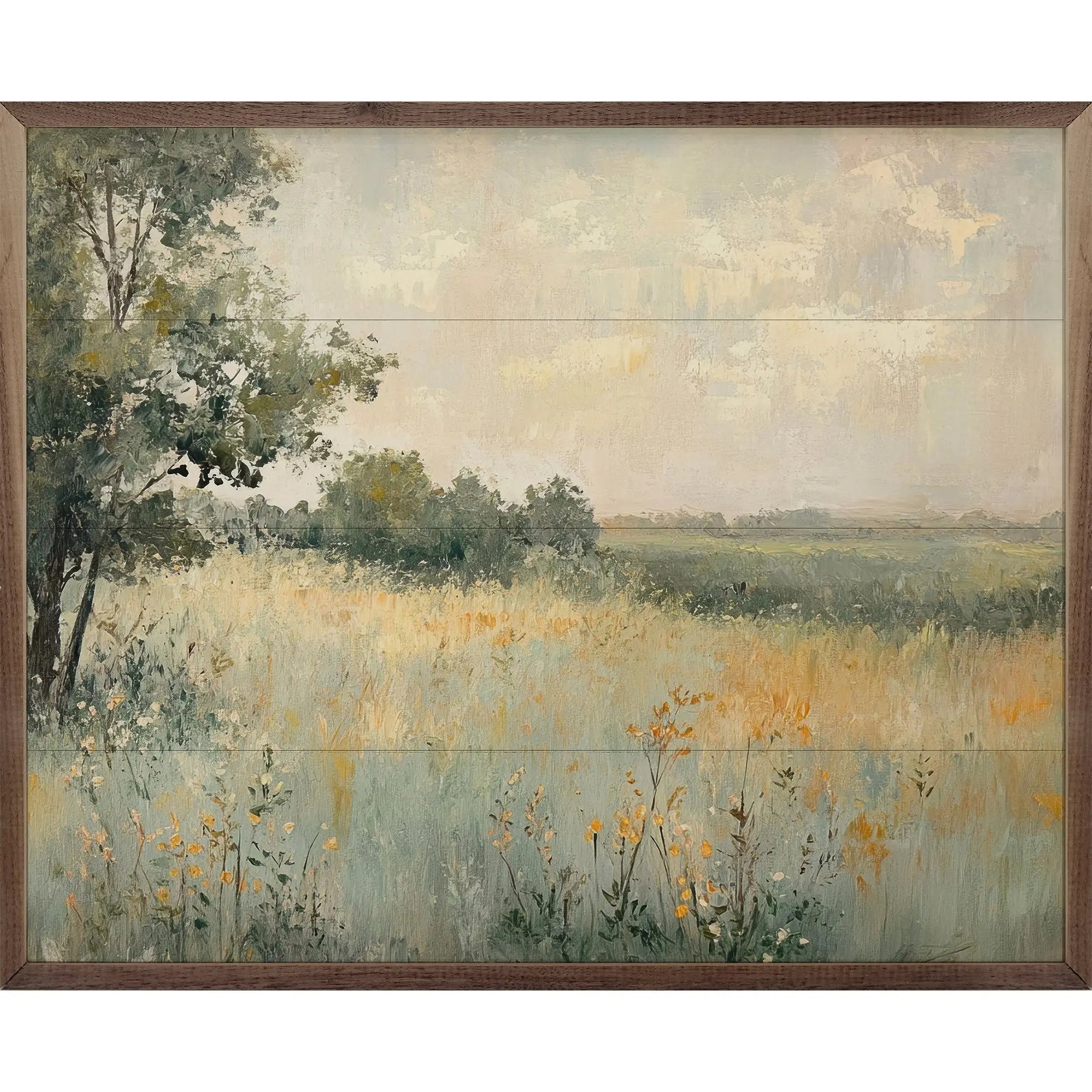 Country Wildflower Landscape Wood Framed Print - Rustic Floral Wall Art for Home & Office Decor - Perfect for Living Room, Bedroom, or Country Style Interior Design