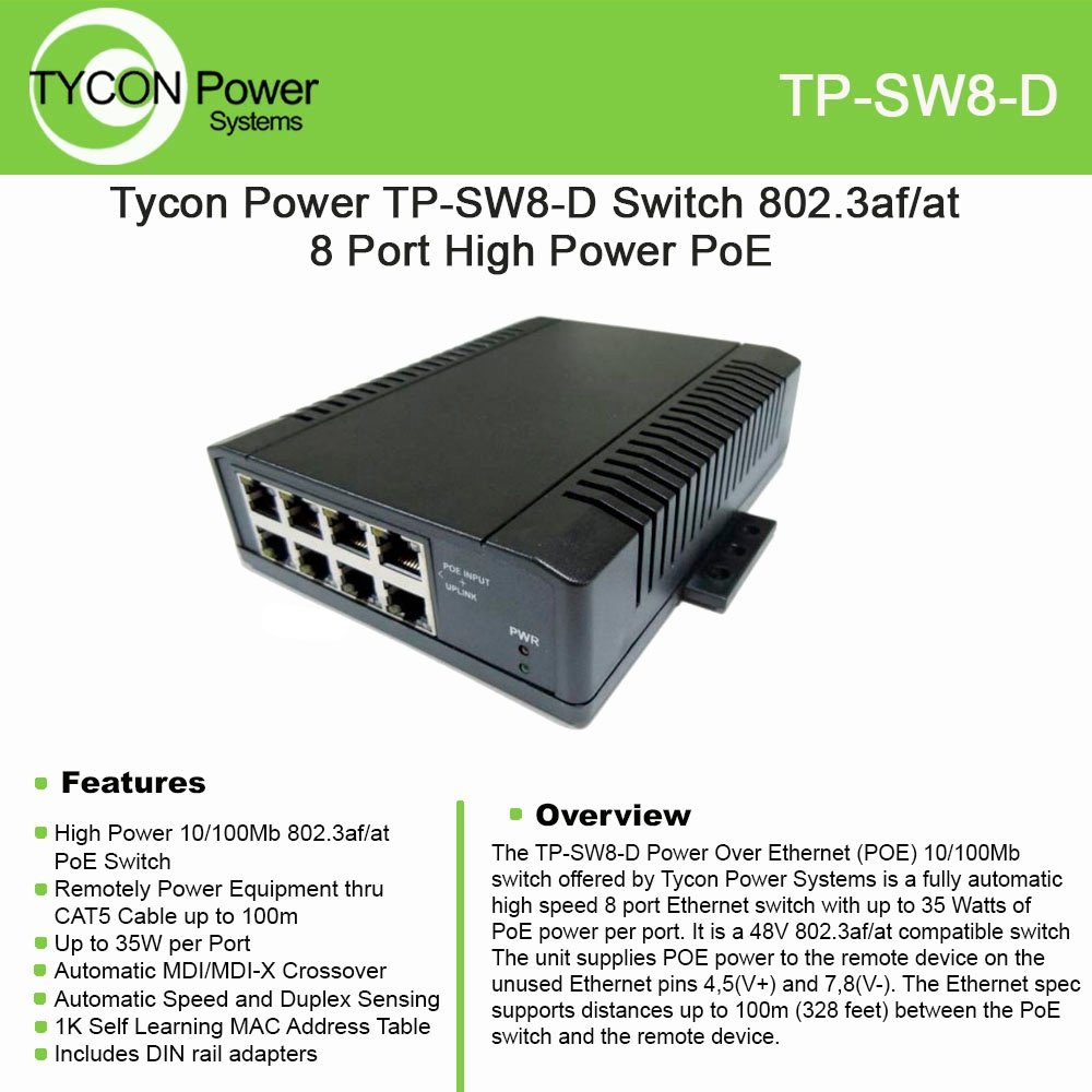 Tycon Power TP-SW8-D 8 Port Gigabit POE Switch with 802.3af/at Support - Ideal for IP Cameras, VoIP Phones, and Wireless Access Points in Home & Office Networks