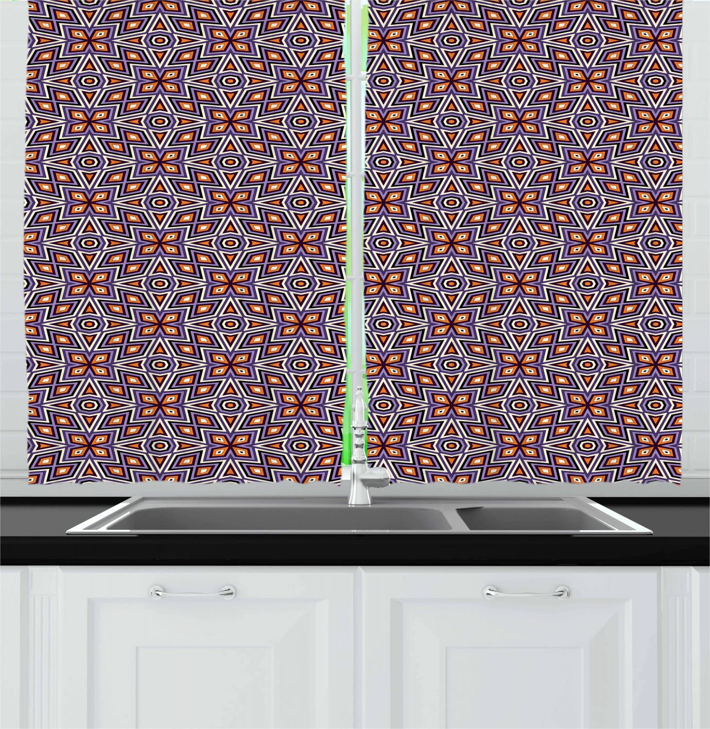 Ambesonne Geometric Kitchen Curtains - Modern Kaleidoscopic Triangle & Rhombus Design, 2 Panels with Rod Pocket, 55