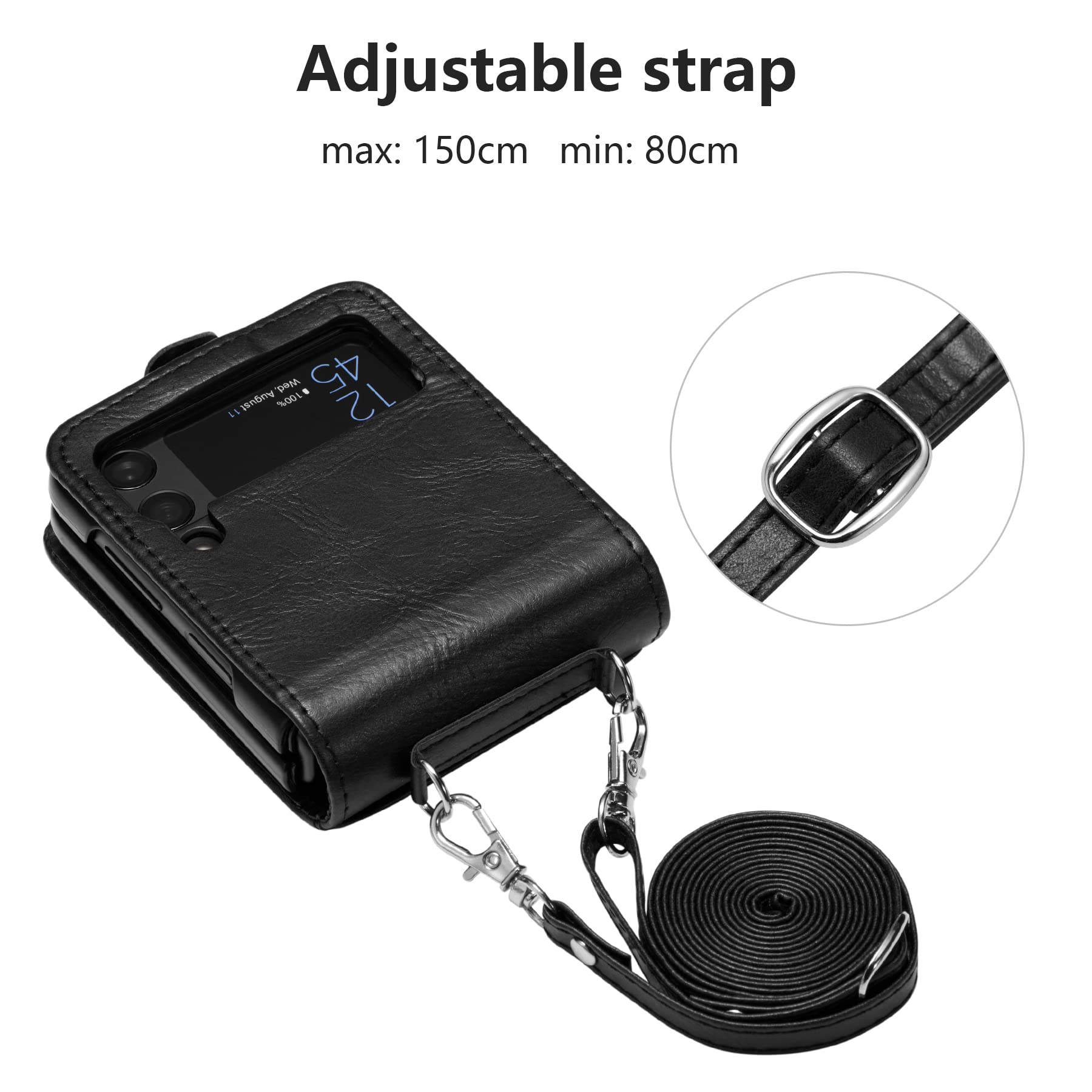 Premium Leather Wallet Case for Samsung Galaxy Z Flip 4/5G - Slim Protective Cover with Card Holder & Detachable Lanyard (Black) | Perfect for Daily Use, Travel & Hands-Free Convenience